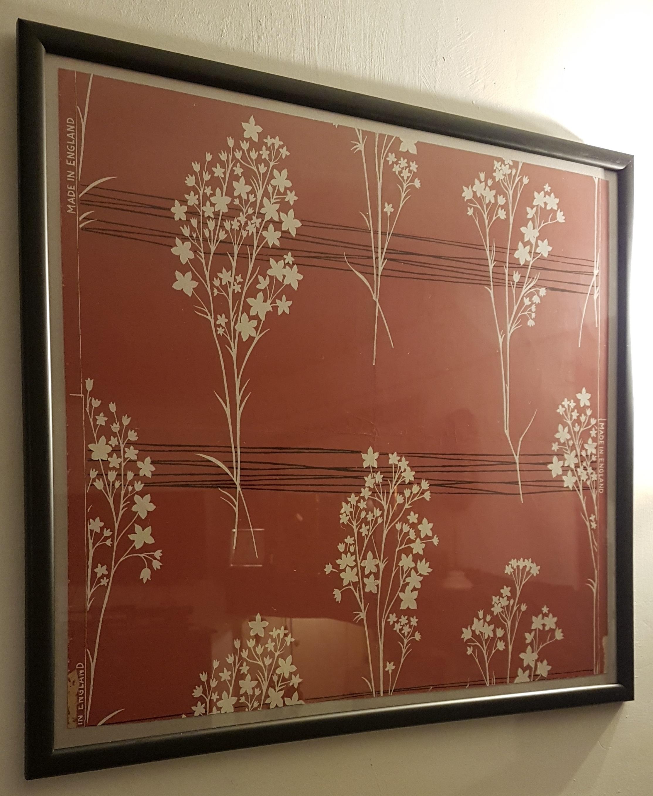 This is an original wallpaper sample from 1955 called Polonaise with unknown designer for Palladio which later became Sanderson. We have had it freshly framed in an elegant rounded matt black frame with glass front and ivory white framing card, to