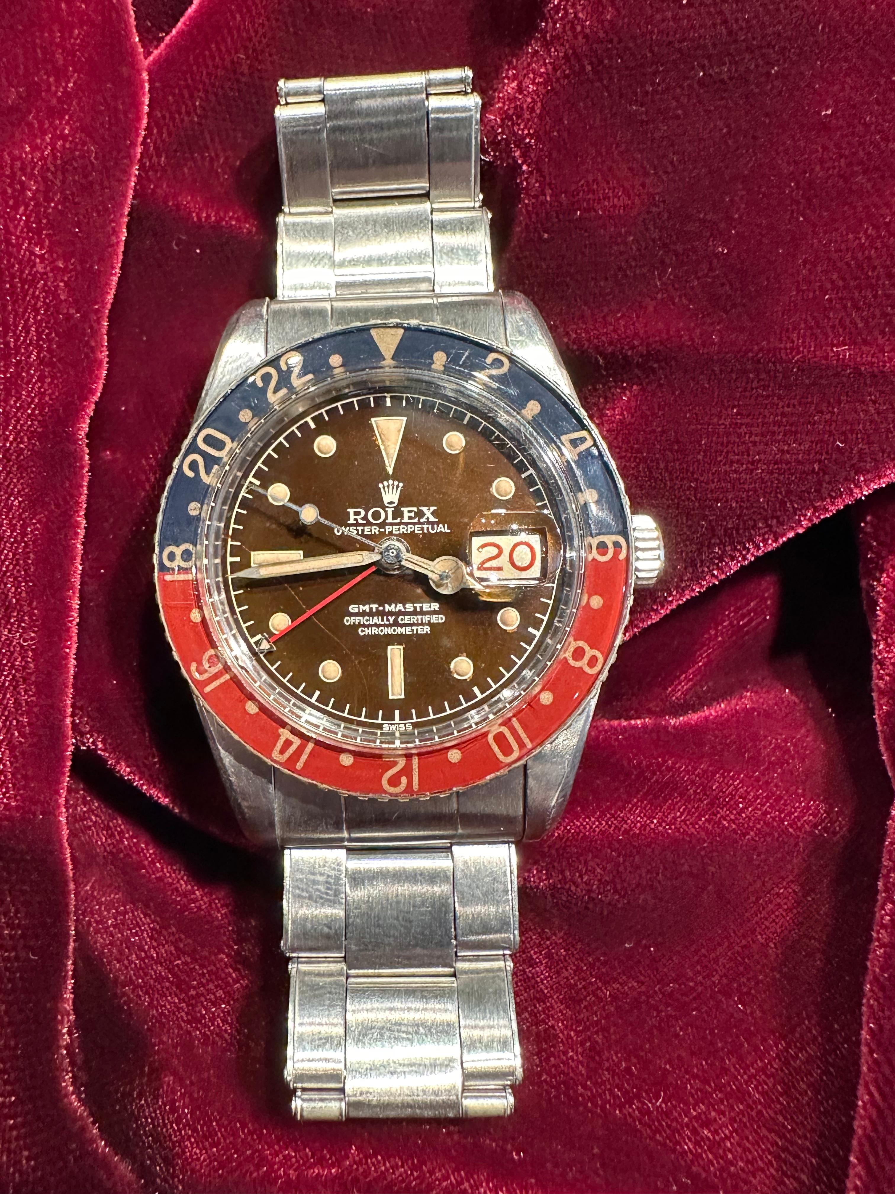 Men's Original 1959 Rolex Ref 6542 Steel GMT Master Watch Tropical Dial Bakelite Bezel For Sale