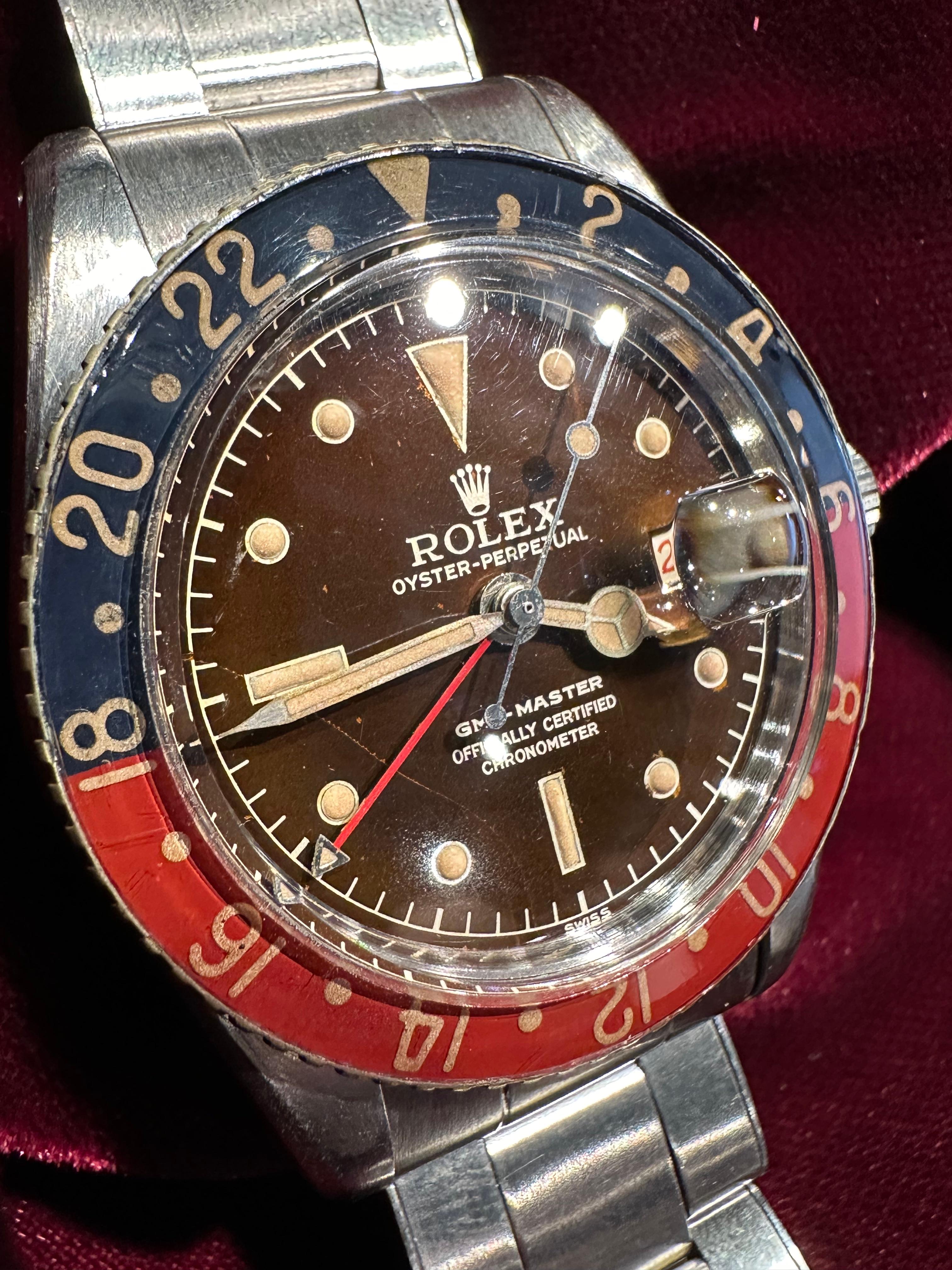 Original 1959 Rolex Ref 6542 Steel GMT Master Watch Tropical Dial Bakelite Bezel For Sale 1