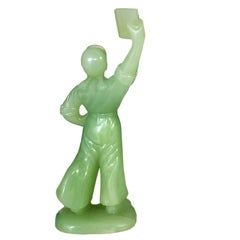 Original 1960 Chinese Pale Jade Red Guards Girl with Little Red Book Sculpture