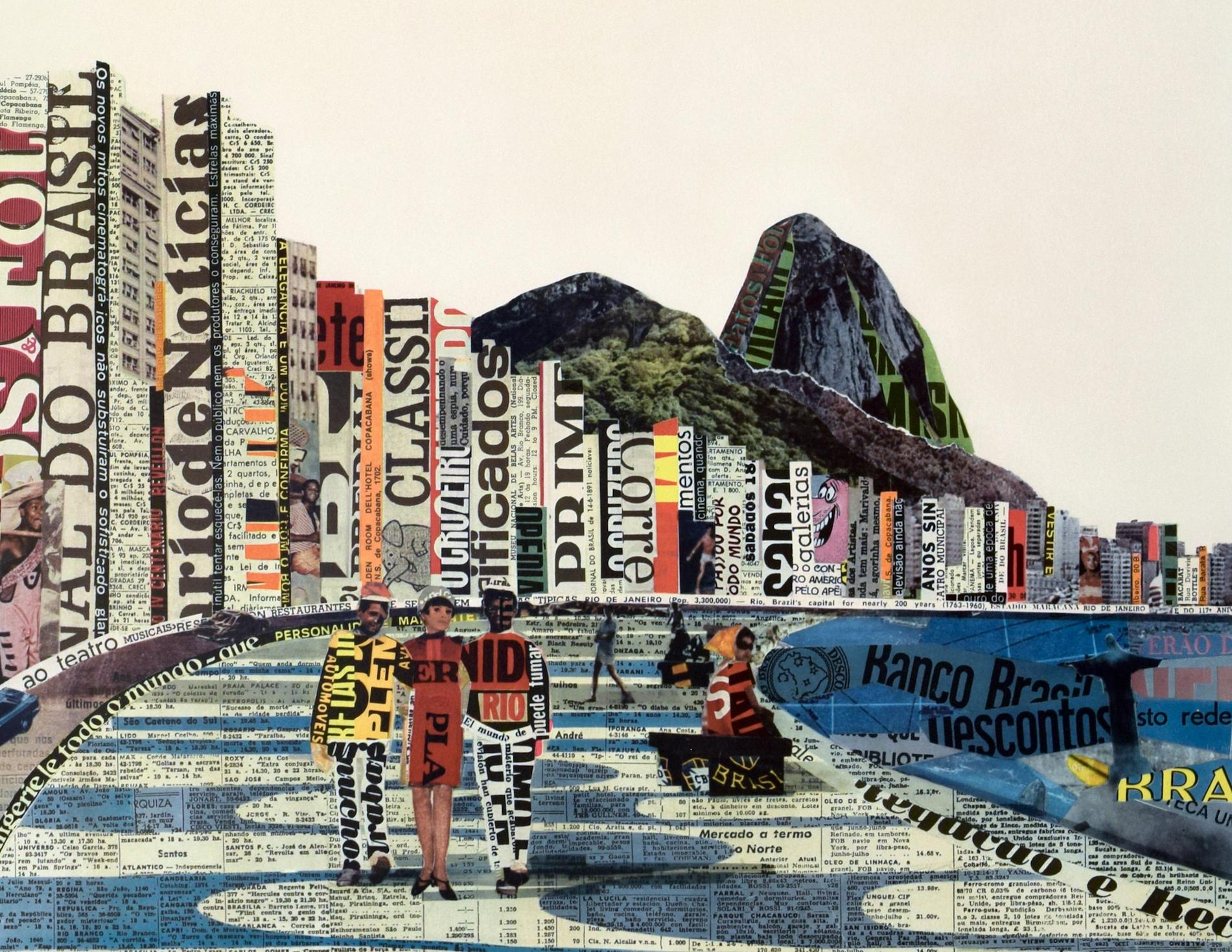 Incredible graphics using typographic collage on this sixties poster creating the vibe of Rio de Janeiro’s Copacabana beach with the Sugarloaf mountain in the background.

This poster is in good condition and backed to linen. It will be sent