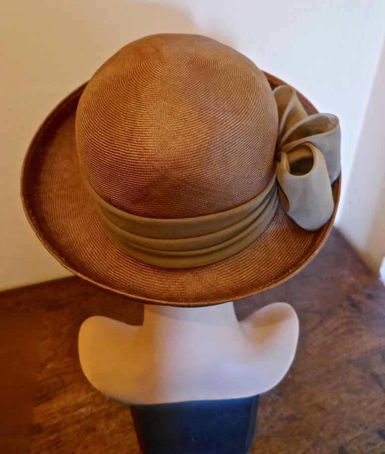 Brown Original 1960s Copper Coloured Panama Cloche Style Hat, trimmed with Chiffon For Sale
