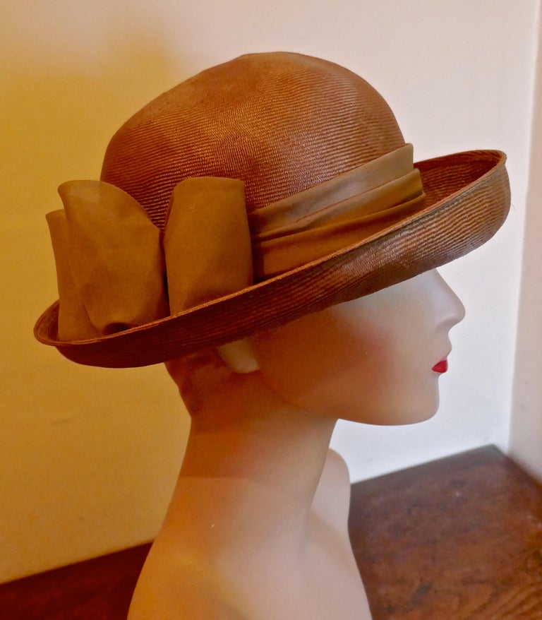 Women's Original 1960s Copper Coloured Panama Cloche Style Hat, trimmed with Chiffon For Sale