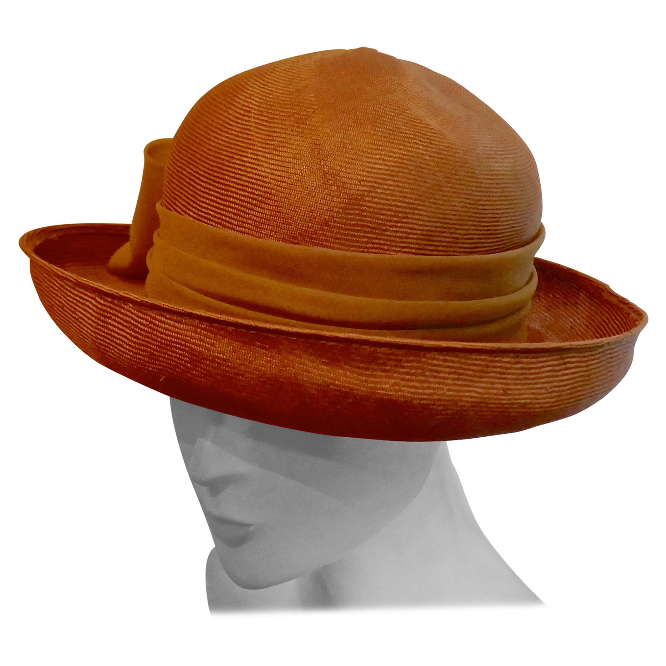 Original 1960s Copper Coloured Panama Cloche Style Hat, trimmed with Chiffon