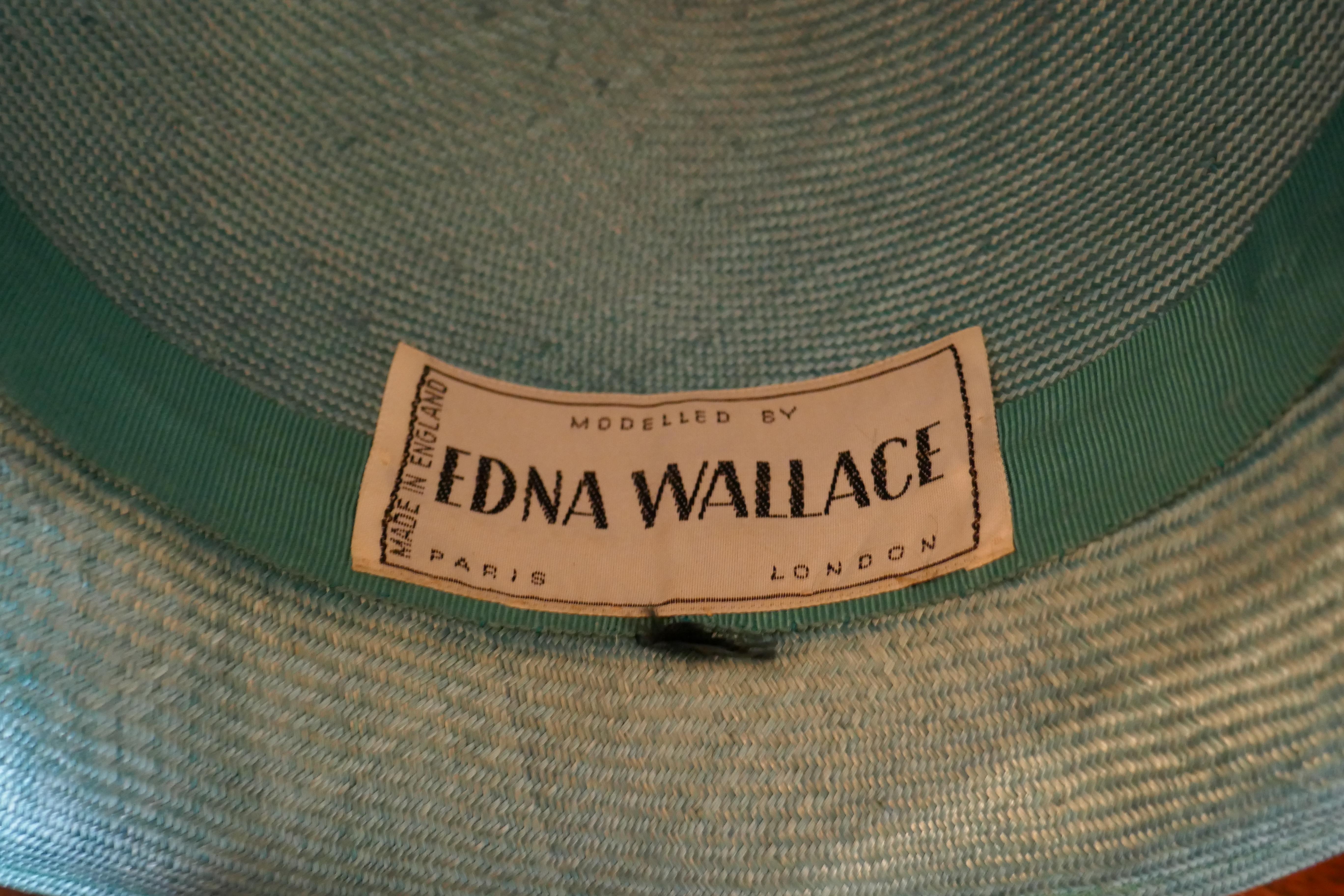 Original 1960s Duck Egg Green Veiled Shiny Panama Hat by Edna Wallace 2