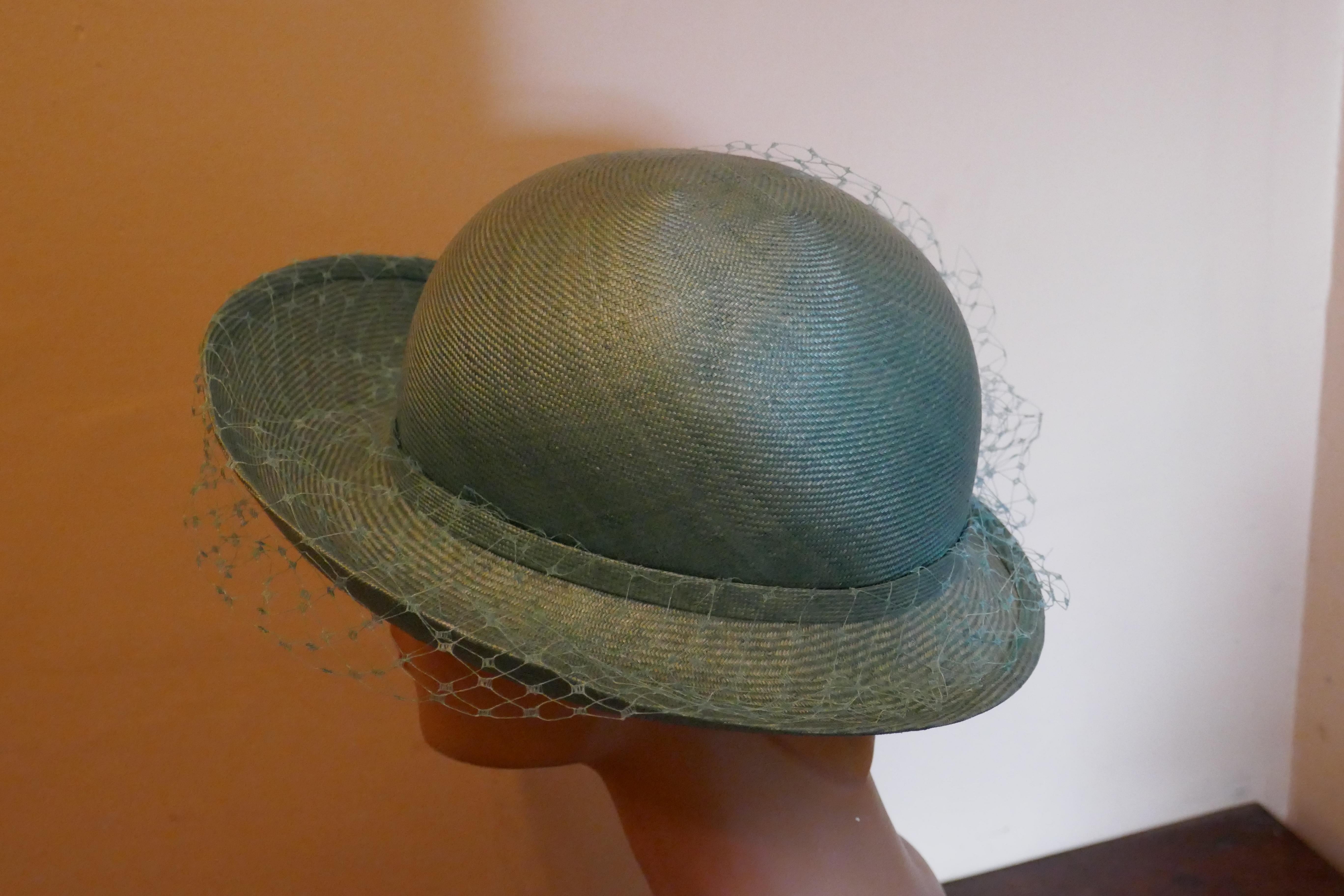 Gray Original 1960s Duck Egg Green Veiled Shiny Panama Hat by Edna Wallace