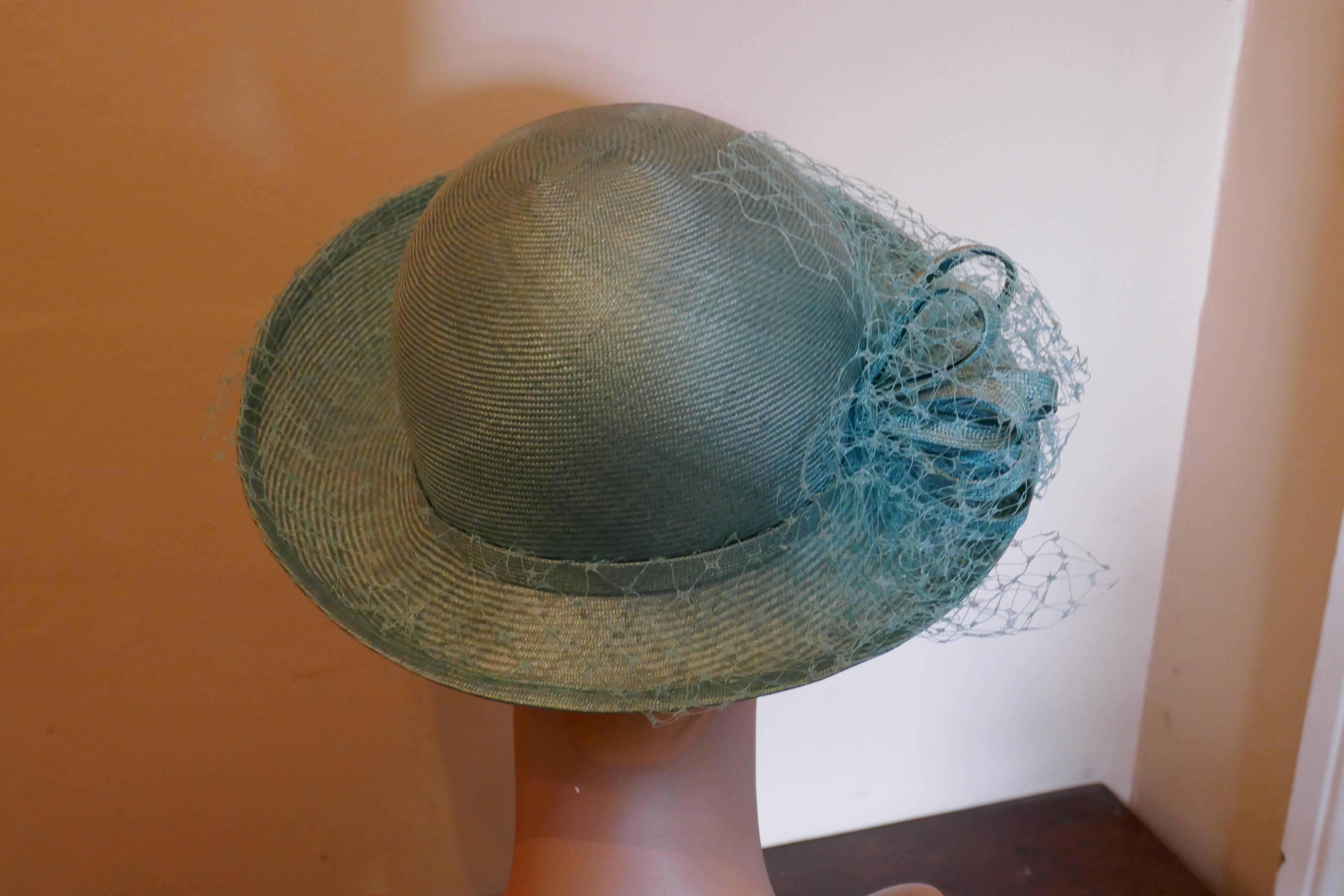 Original 1960s Duck Egg Green Veiled Shiny Panama Hat by Edna Wallace In Good Condition In Chillerton, Isle of Wight