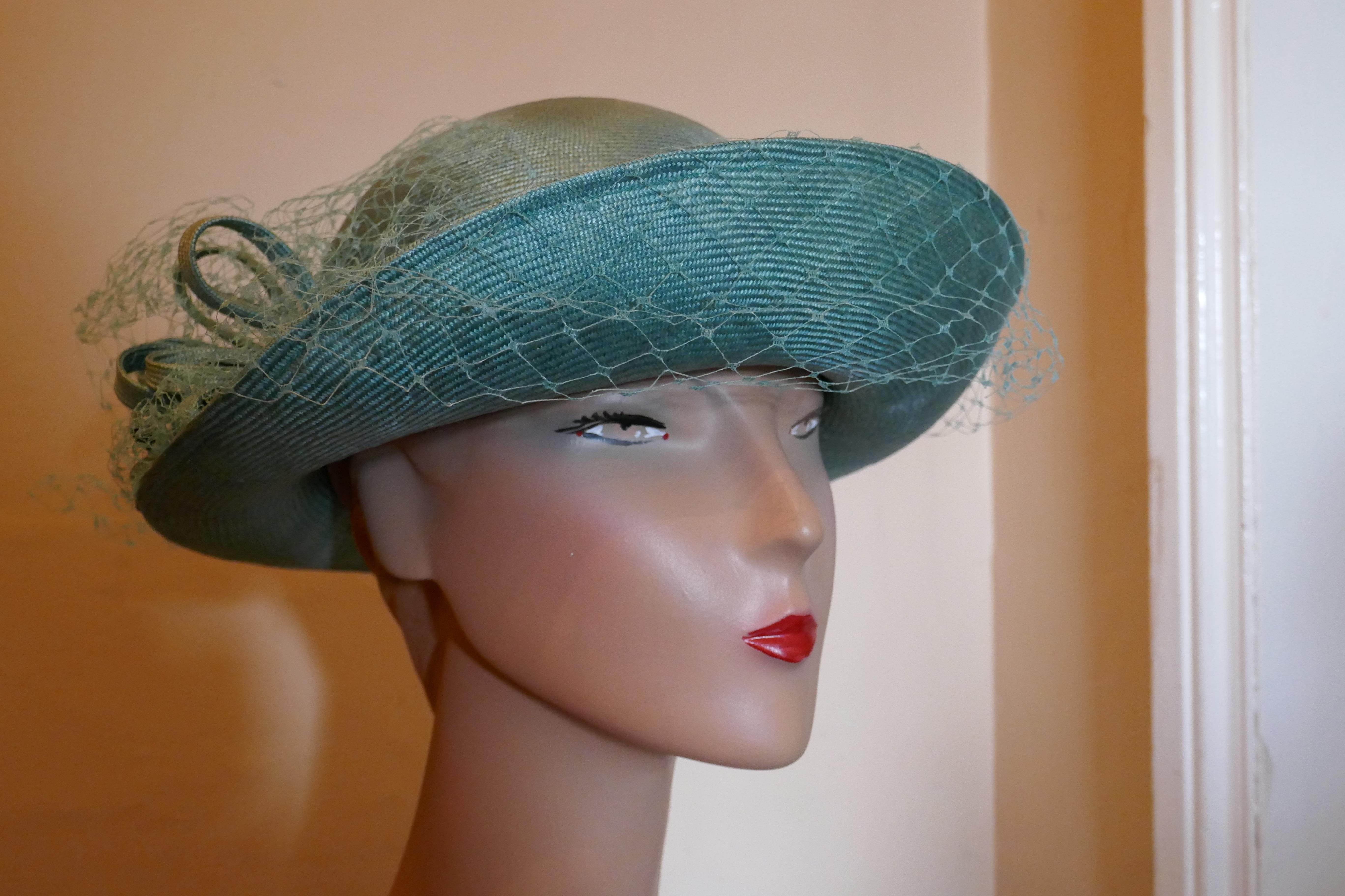 Women's Original 1960s Duck Egg Green Veiled Shiny Panama Hat by Edna Wallace