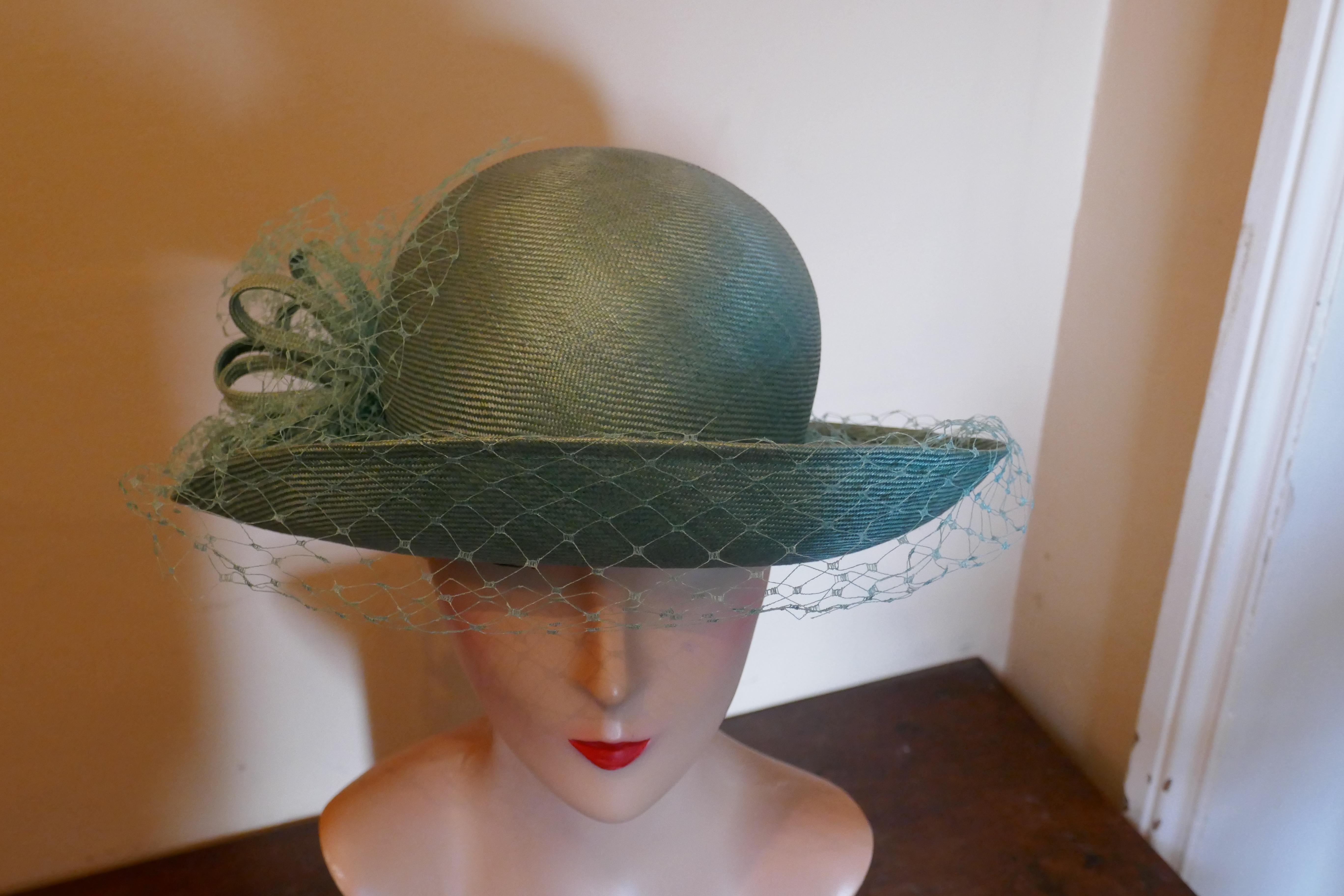 Original 1960s Duck Egg Green Veiled Shiny Panama Hat by Edna Wallace 1