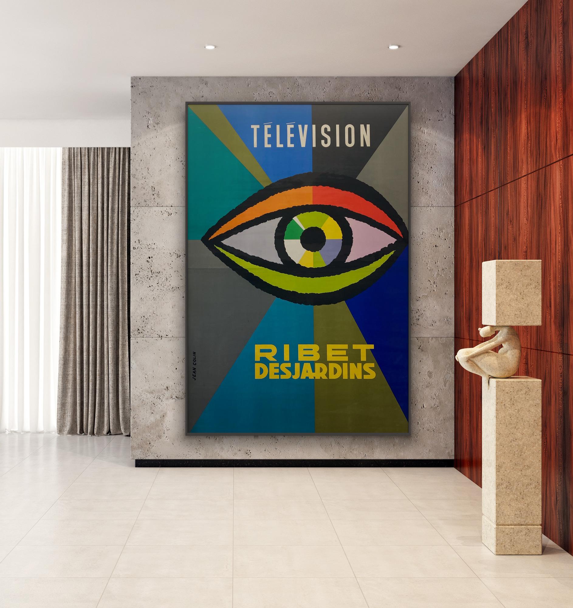 Beautiful, extremely large, advertising poster for the French electrical manufacturing company Ribet Desjardins.
This original midcentury poster was printed in two pieces for an advertising hoarding. It is now on one piece of linen.
Jean Colin was