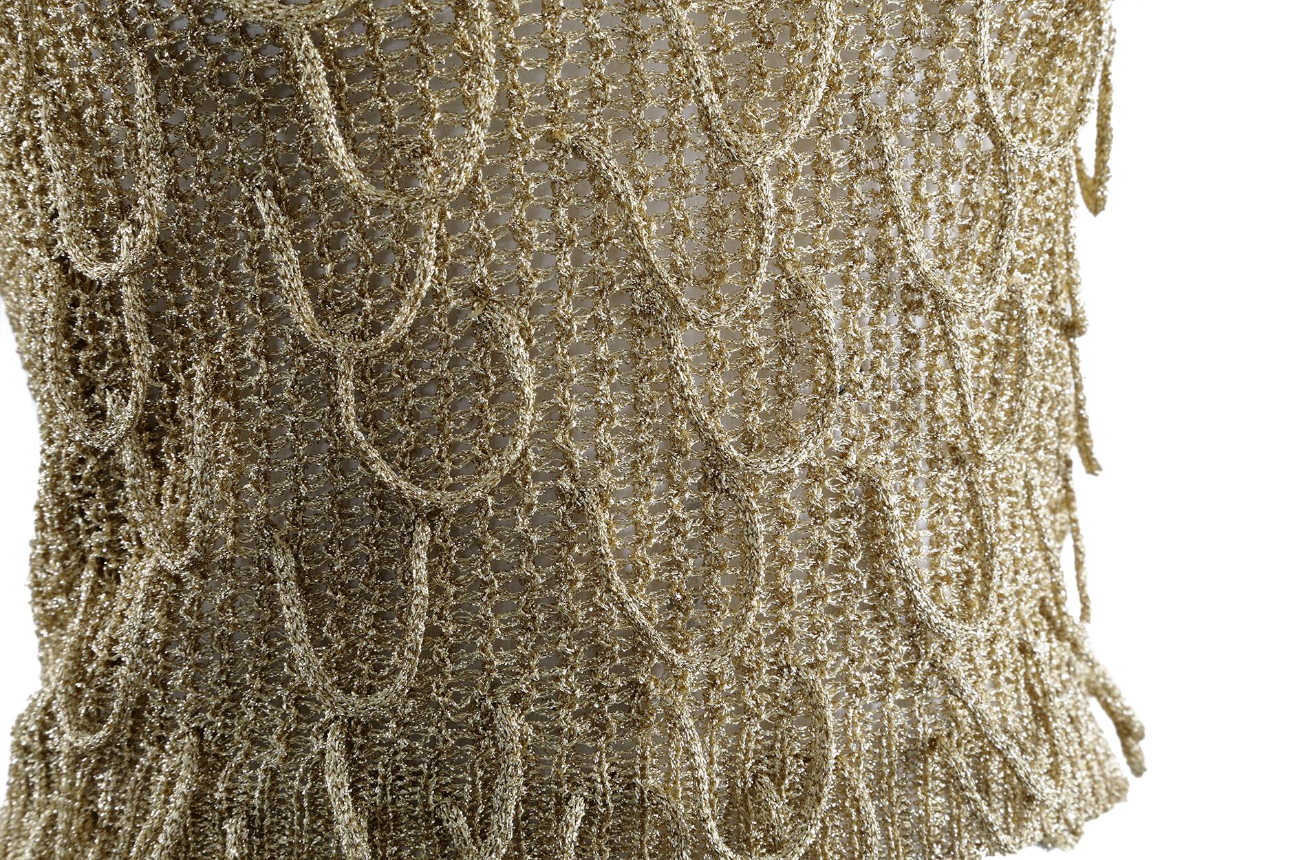 Brown Original 1960s Gold Lame Crochet Vest Top With Rounded Tassel Embroidery