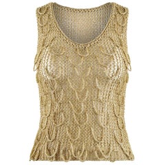 Original 1960s Gold Lame Crochet Vest Top With Rounded Tassel Embroidery 