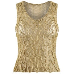 Original 1960s Gold Lame Crochet Vest Top With Rounded Tassel Embroidery