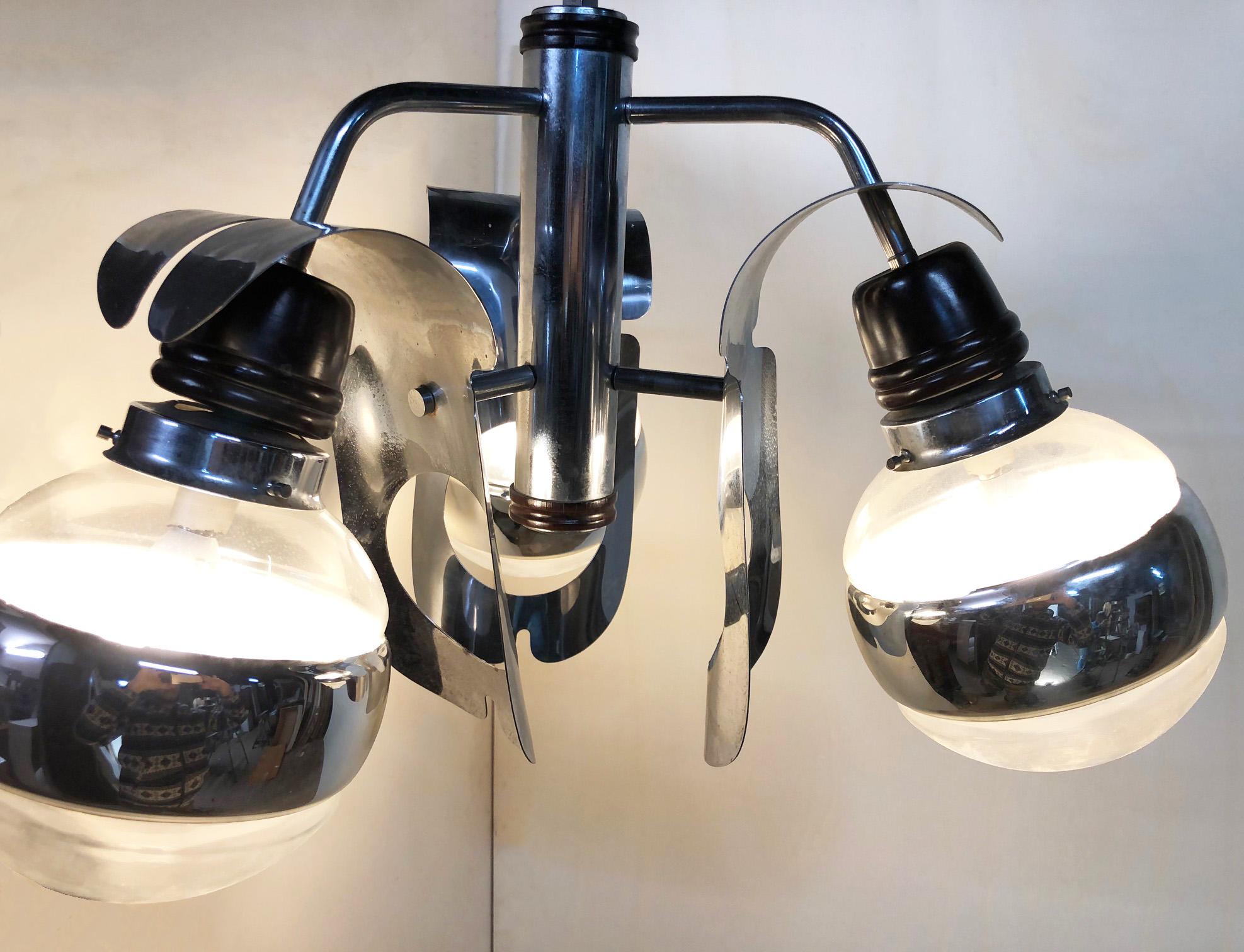 Original 1960s Italian Chrome Chandelier with Three-Light For Sale 5