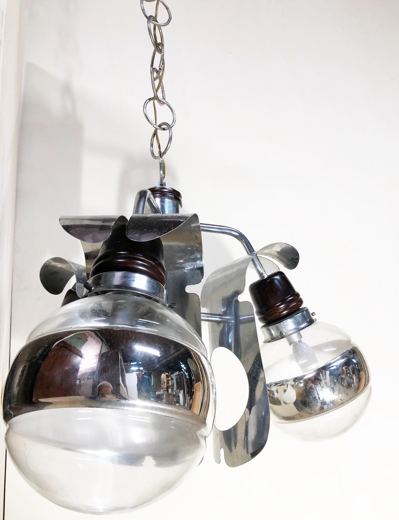 Mid-Century Modern Original 1960s Italian Chrome Chandelier with Three-Light For Sale