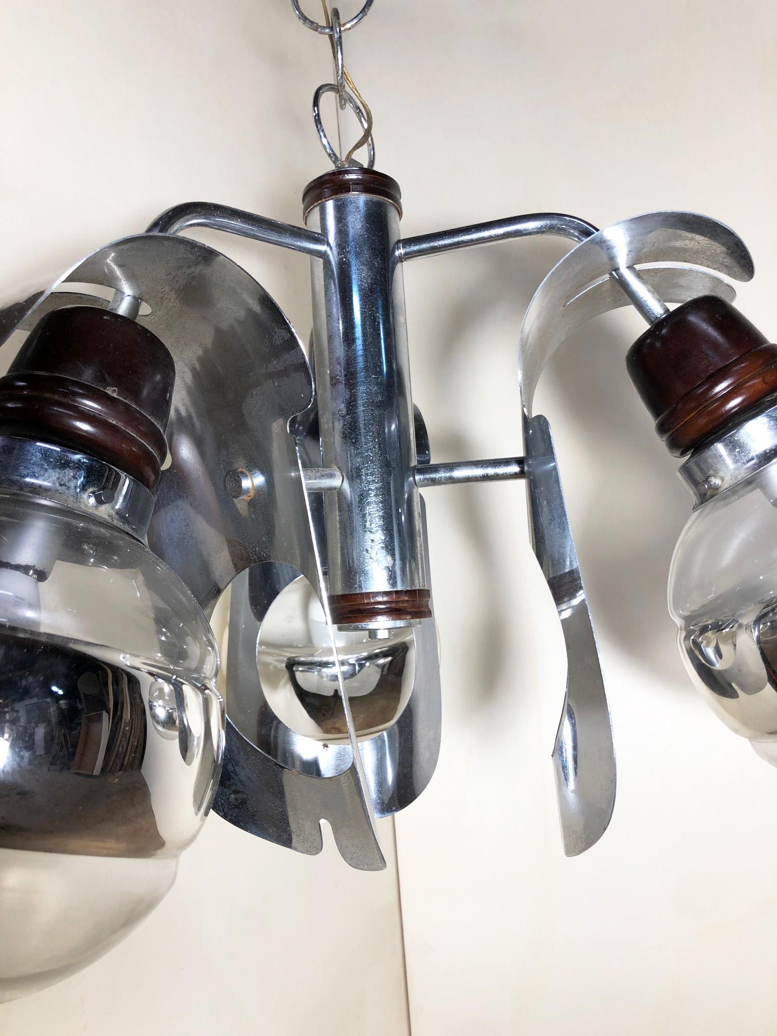 Mid-20th Century Original 1960s Italian Chrome Chandelier with Three-Light For Sale