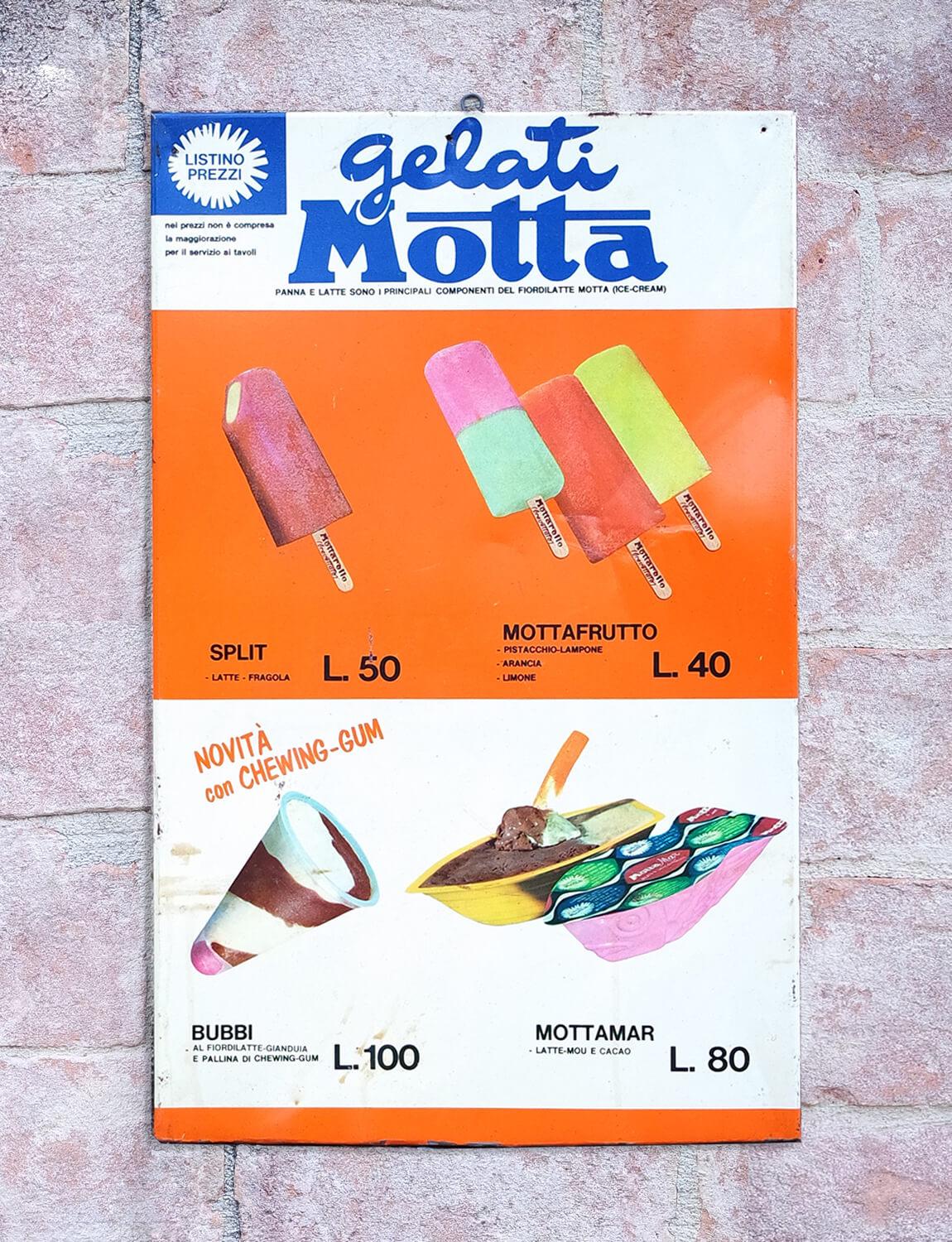 Original 1960s Italian Motta Gelato sign found in storage in an old palazzo in Amelia, Umbria. This completely iconic sign displays Italian ice-cream from the 1960s and 1970s. It was common to see these signs on the beach or outside Italian cafes.
