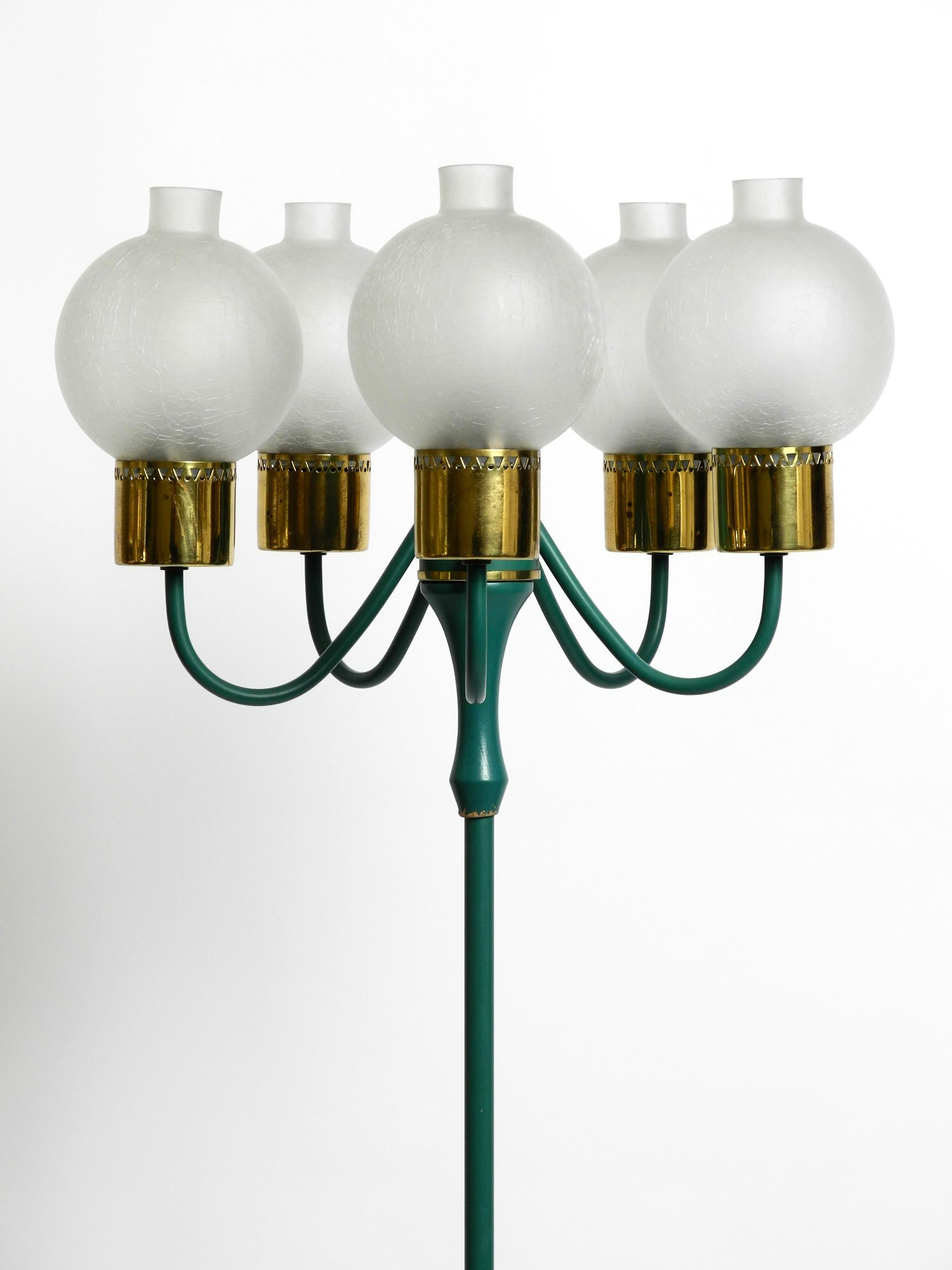 Mid-Century Modern Original 1960s Kaiser Metal Floor Lamp with 5 Ice Glass Shades in Forest Green