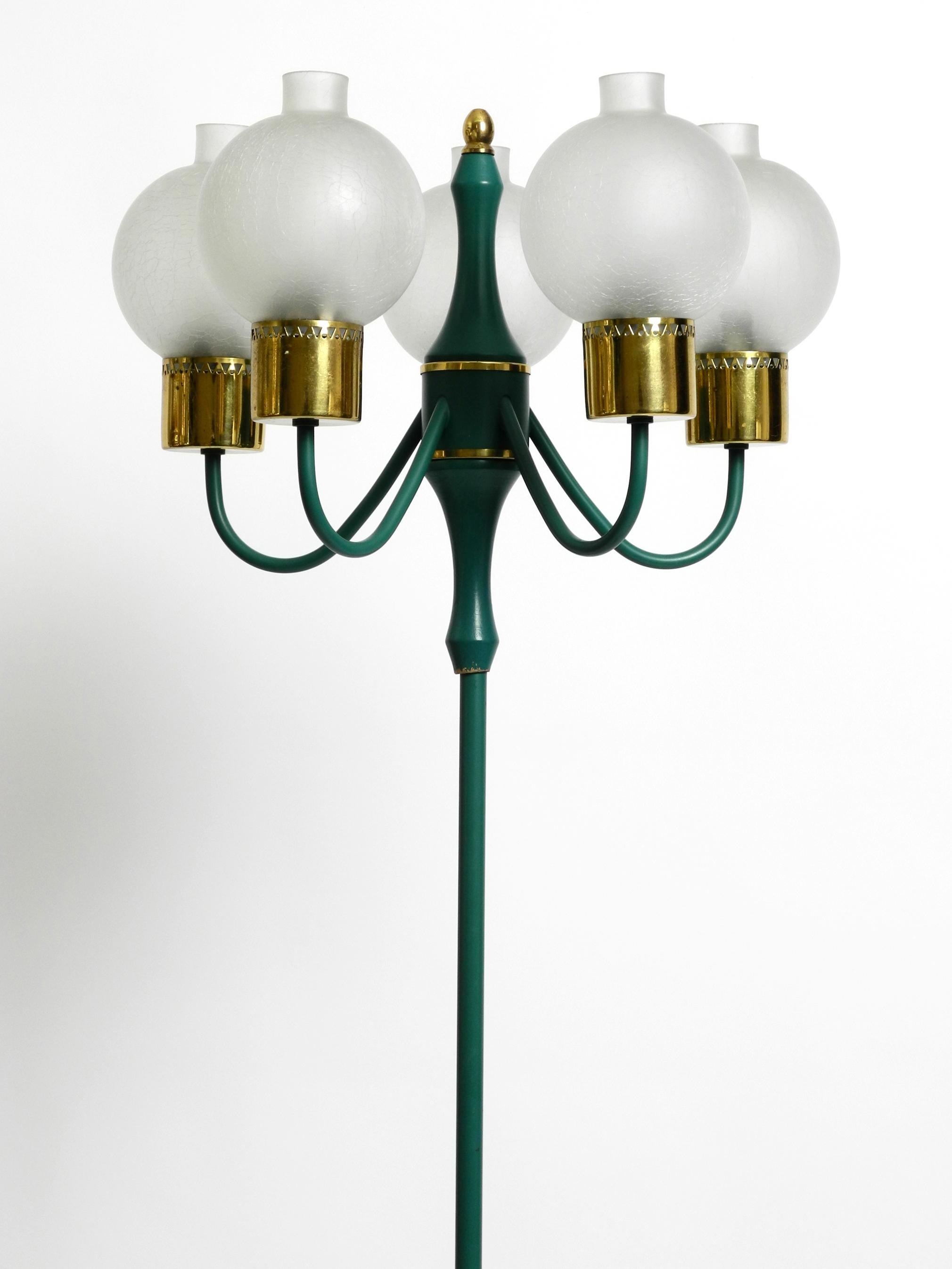 German Original 1960s Kaiser Metal Floor Lamp with 5 Ice Glass Shades in Forest Green