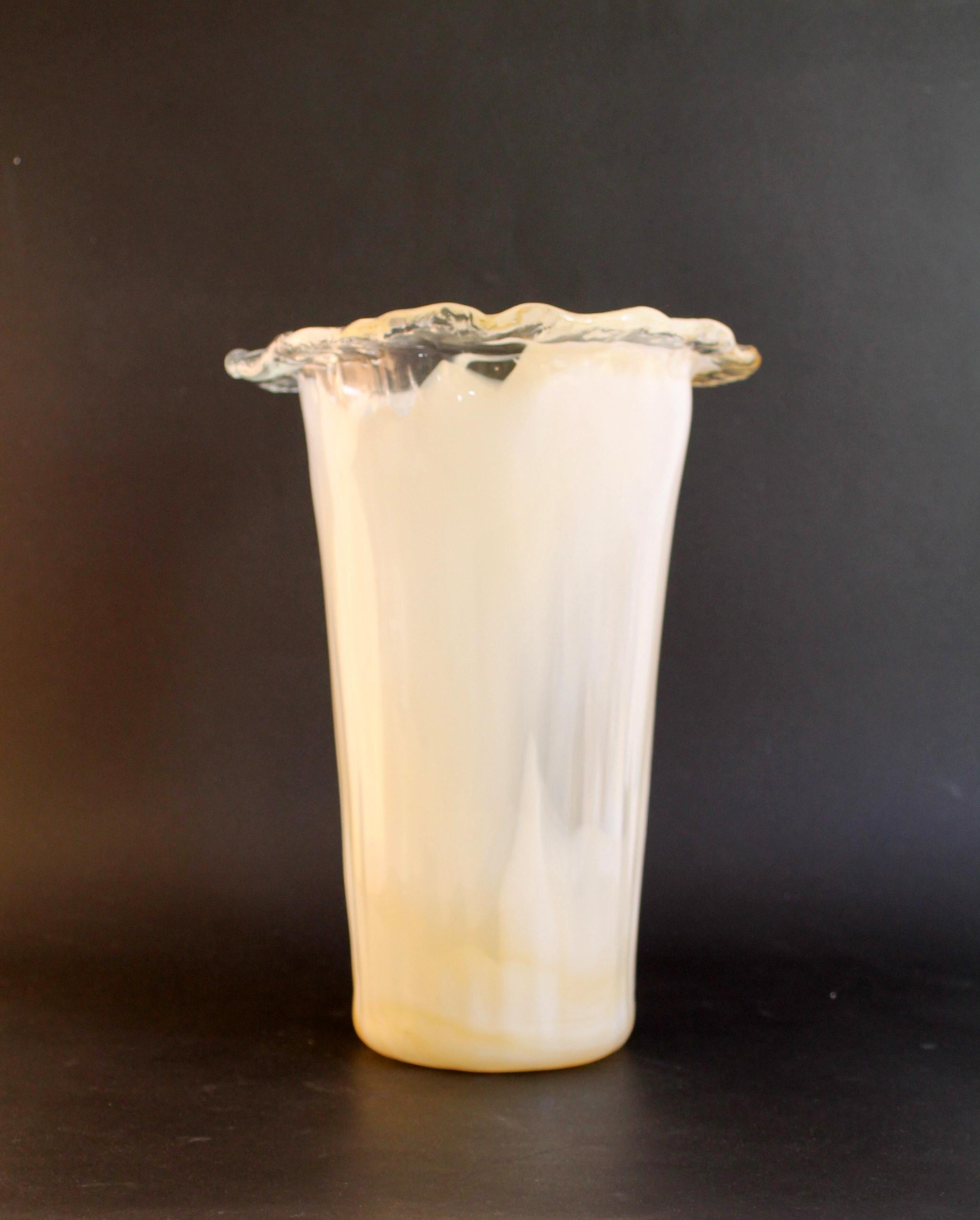 Original LA MURRINA vintage Murano glass vase with a great fused gold brown / white/translucent combination
1970s Murano glass vase in absolutely great shape. A real eye-catcher!!
Measurements: approx.. 32h x24 x 14cm 
Etched signature + labeled