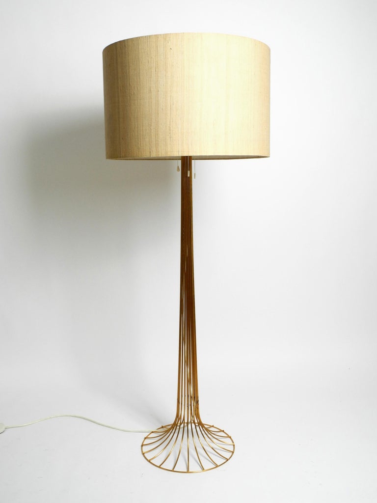 Original 1960s large metal wire floor lamp with wild silk shade anodized in  gold For Sale at 1stDibs
