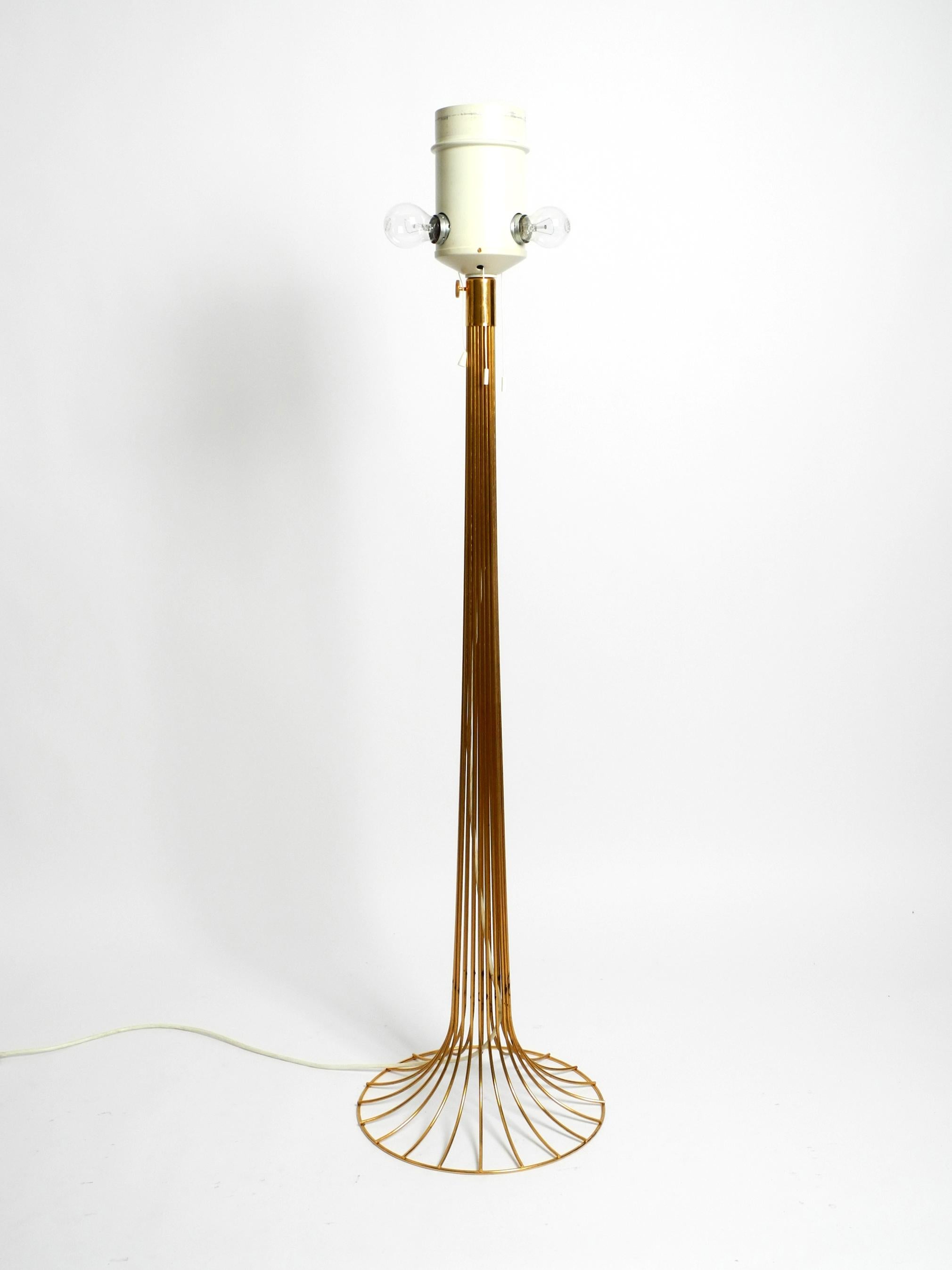 European Original 1960s large metal wire floor lamp with wild silk shade anodized in gold For Sale