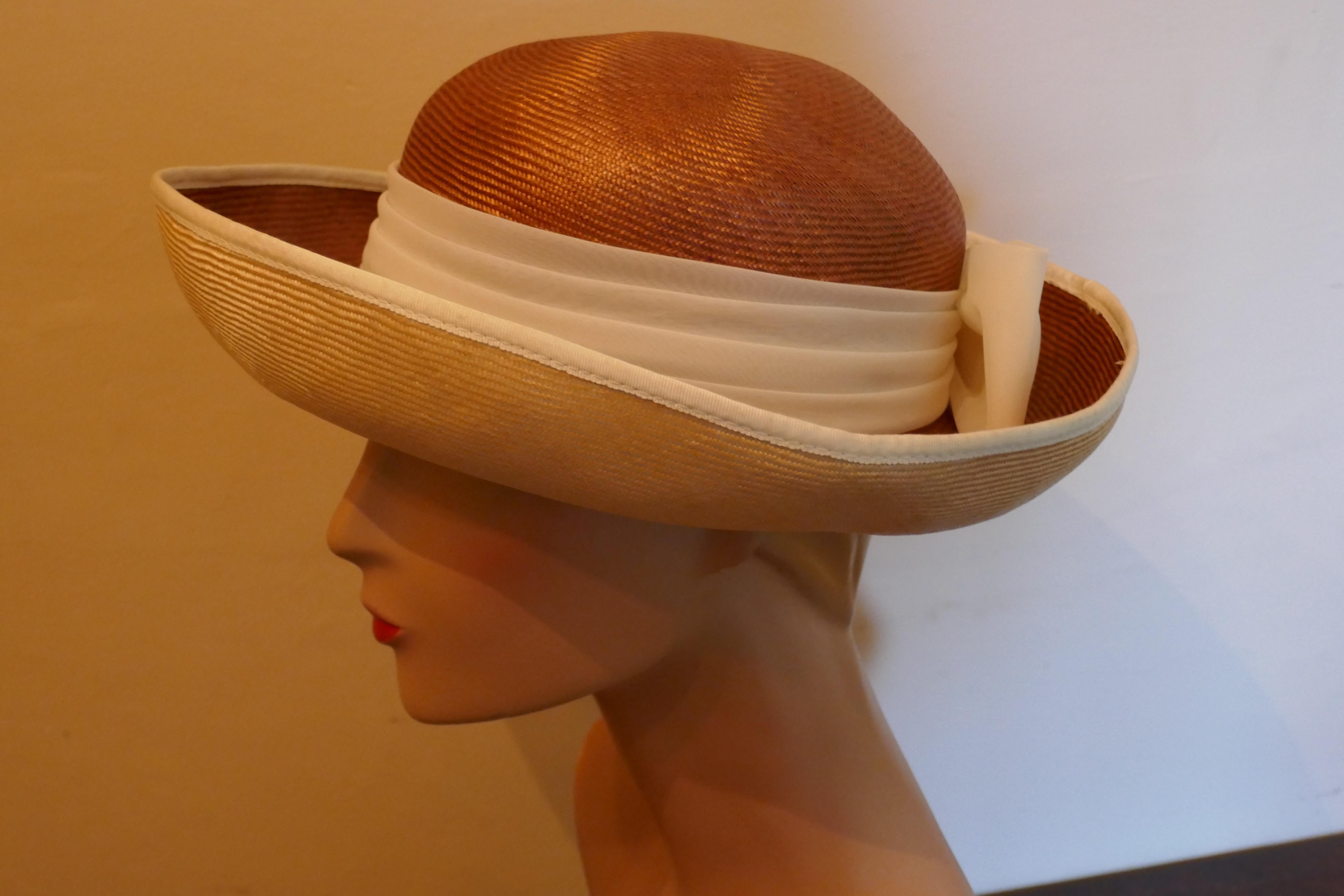 Brown Original 1960s Panama Hat trimmed with Chiffon Ribbon by James Egleton