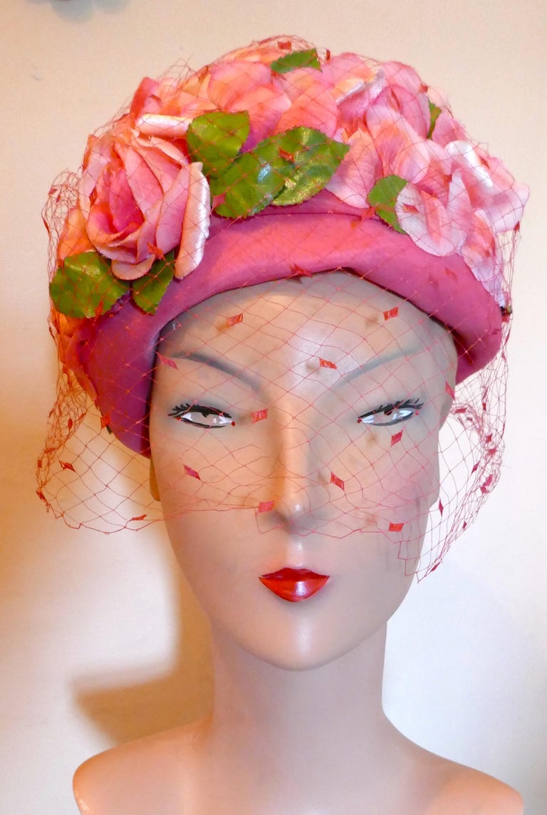 Original 1960s Pink Pill Box Hat, Decorated with Roses and Veil, by