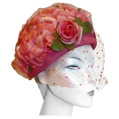 Original 1960s Pink Pill Box Hat, Decorated with Roses and Veil, by Connor