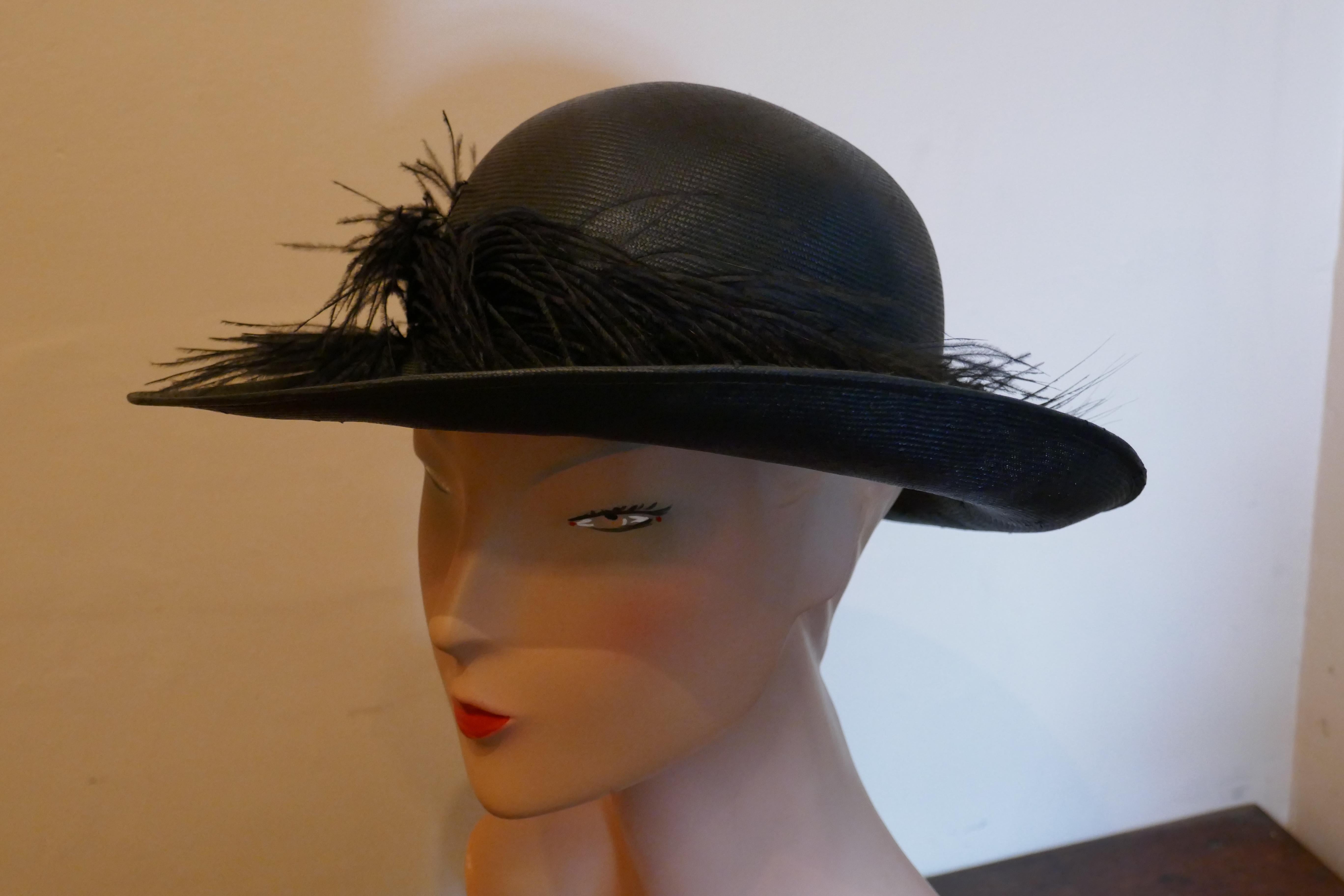 Women's Original 1960s Shiny Black Panama Hat trimmed with Ostrich Feather For Sale
