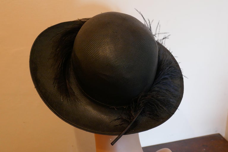 Original 1960s Shiny Black Panama Hat trimmed with Ostrich Feather For Sale 2