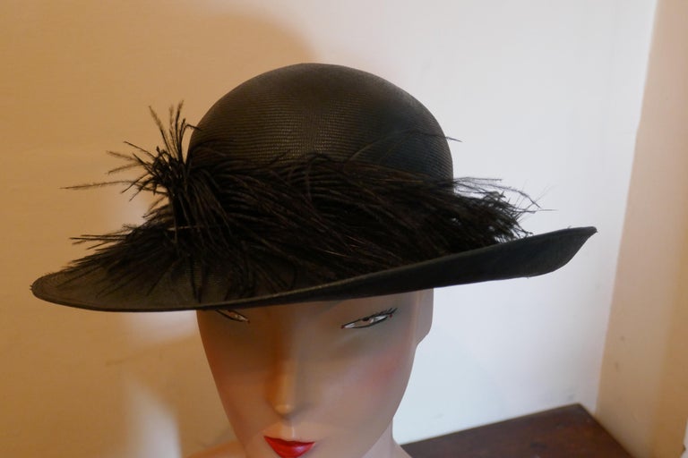 Original 1960s Shiny Black Panama Hat trimmed with Ostrich Feather For Sale 4