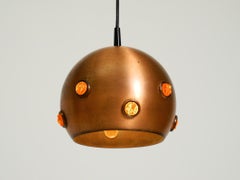 Original 1960s solid copper pendant lamp with orange synthetic glass stones