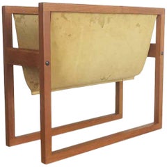 Original 1960s Teak and Leather Magazine Rack, Denmark, 1960s