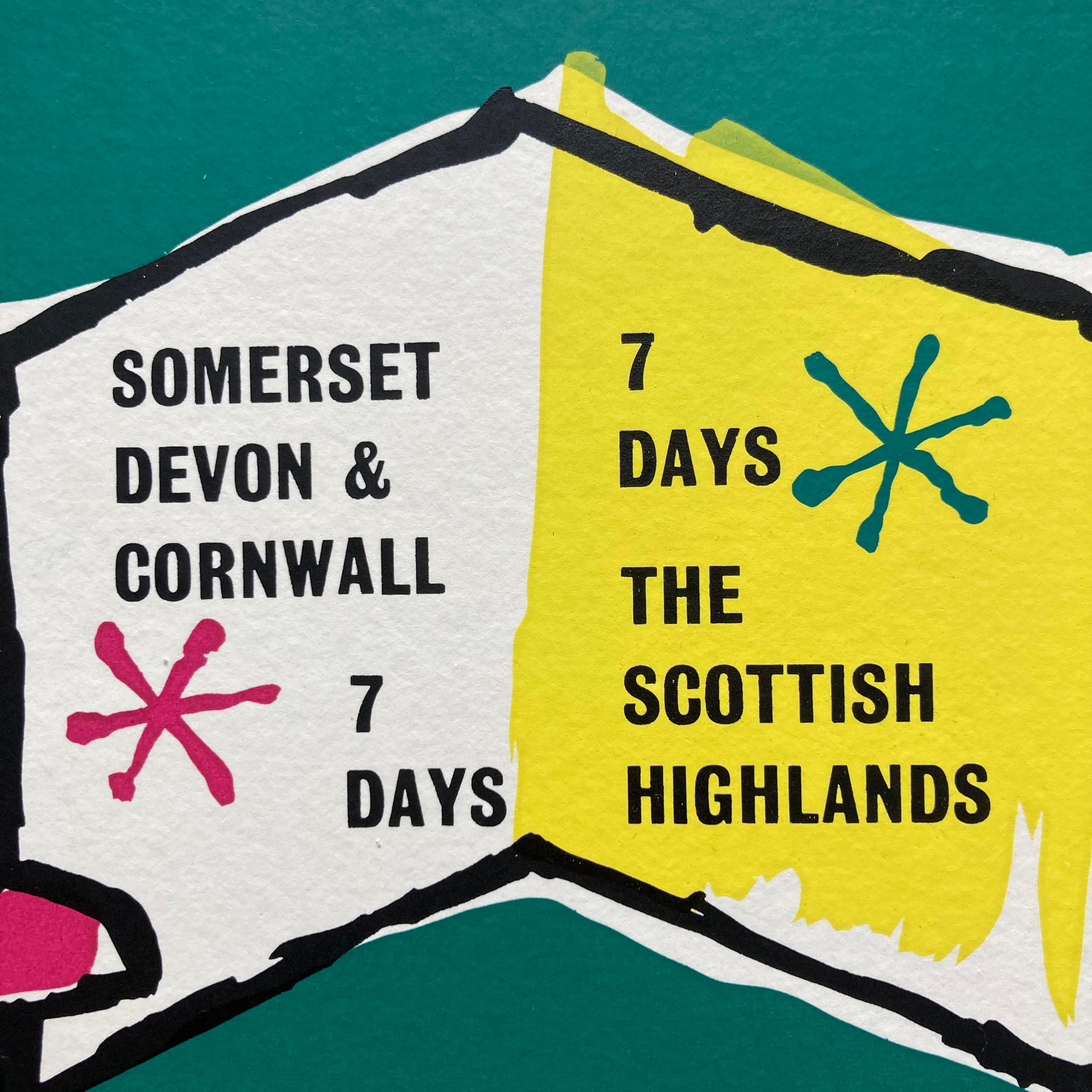 Coach firms had a captive market before the advent of mass car ownership and these charming panel posters were an attractive advertising tool. This 1960's poster is by Edward Clarke and is promoting coach holidays around Britain. It colourfully