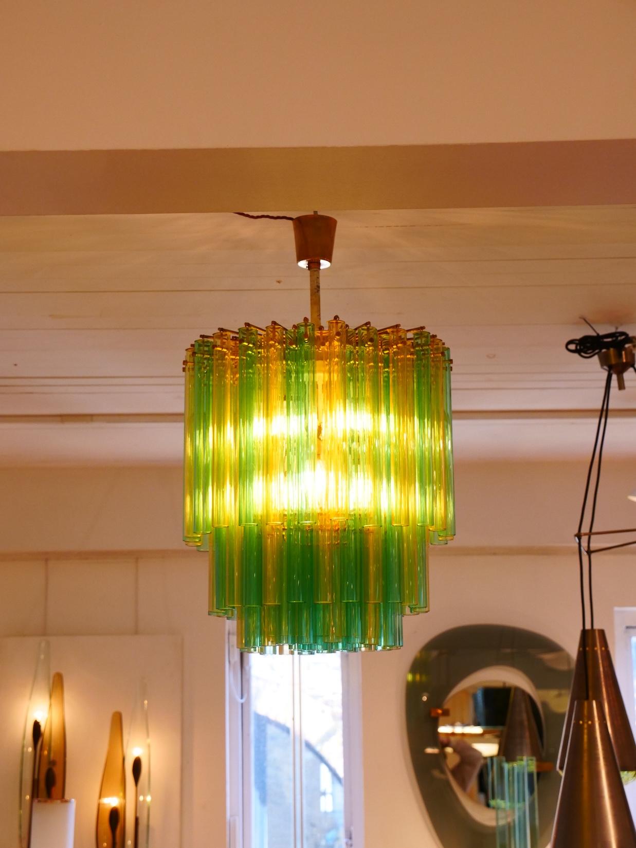 Beautiful original Venini, Murano smooth tubes of crystal glass 

Three layers with differing glass tube sizes 

Stunning green and yellow colour combination. 

