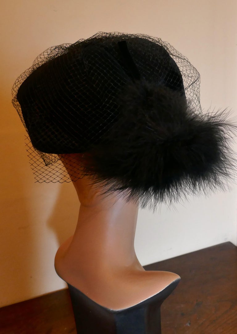 Original 1960s Vintage Black Pill Box Velvet & Feather Veiled Hat For Sale 1