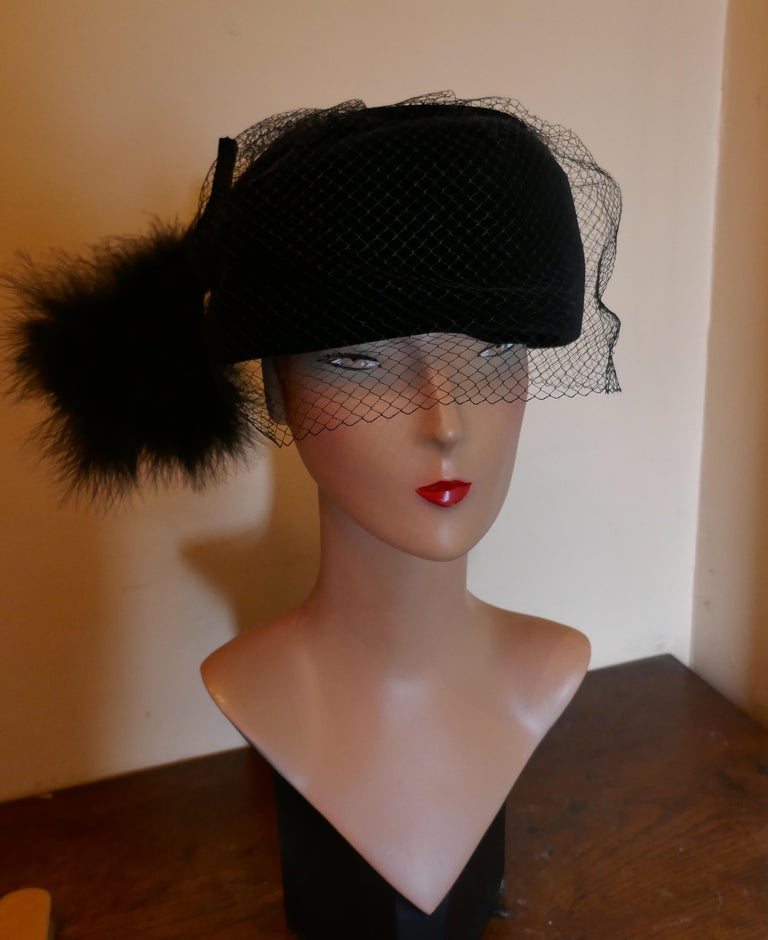 Original 1960s Vintage Black Pill Box Velvet & Feather Veiled Hat For Sale 3