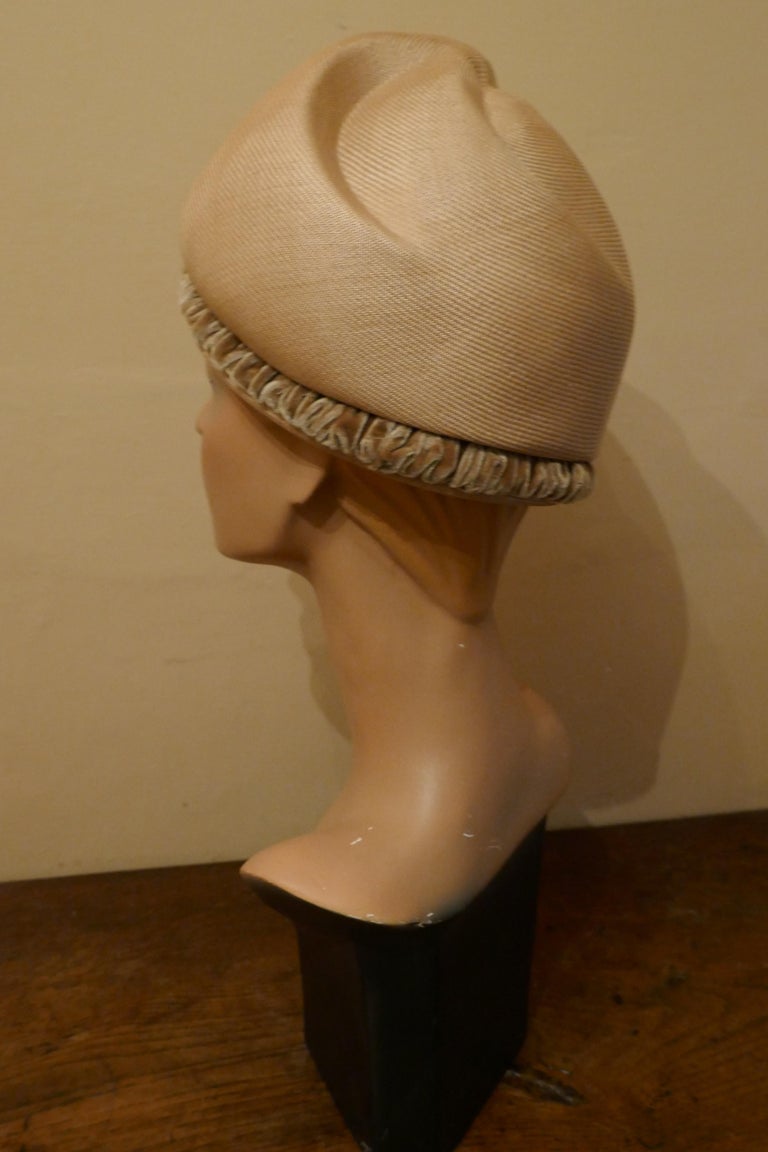 Original 1960s Vintage Pill Box Style High Moulded Straw Fabric Hat with velvet  In Good Condition For Sale In Chillerton, Isle of Wight