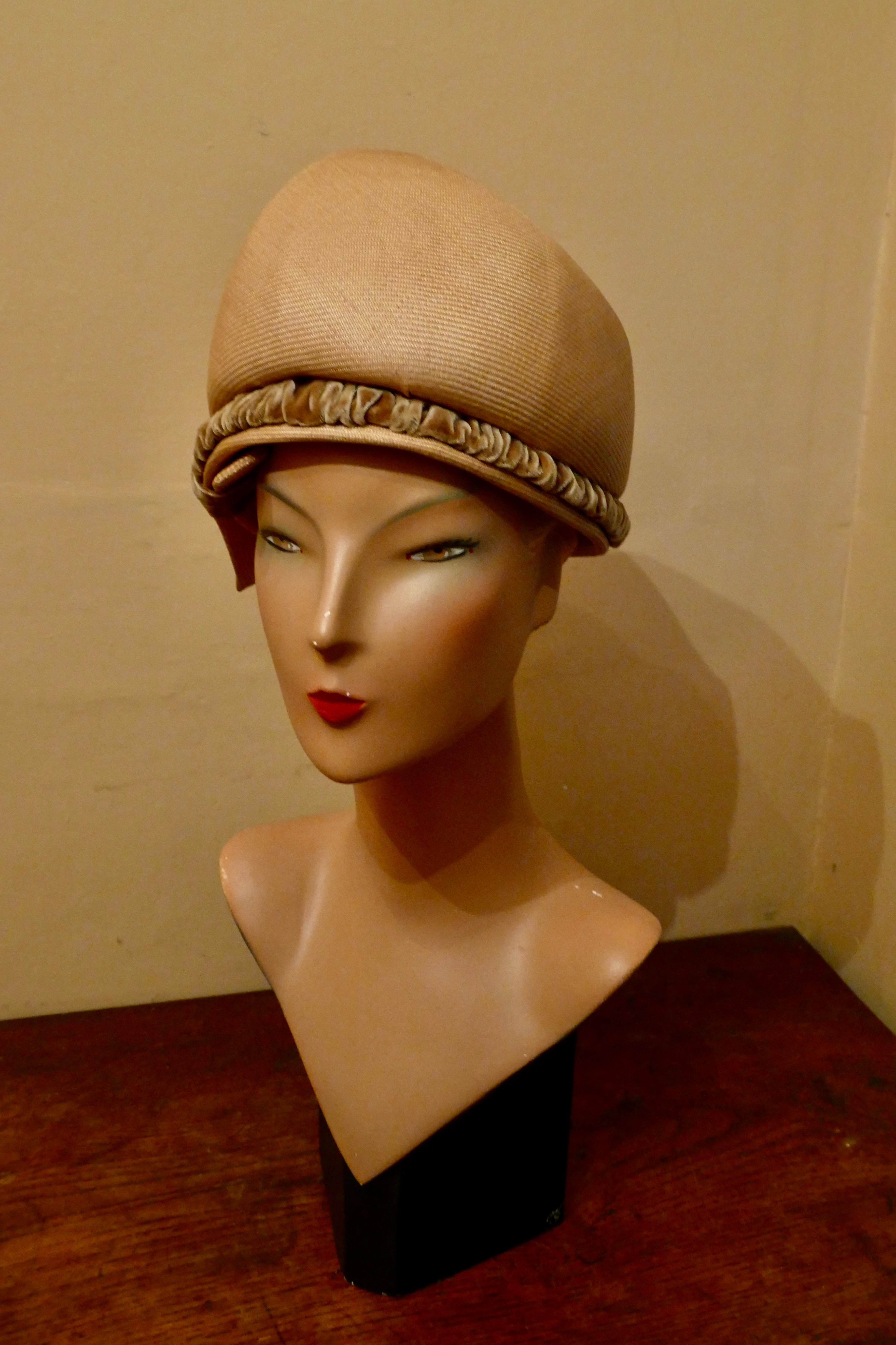 Women's Original 1960s Vintage Pill Box Style High Moulded Straw Fabric Hat with velvet  For Sale
