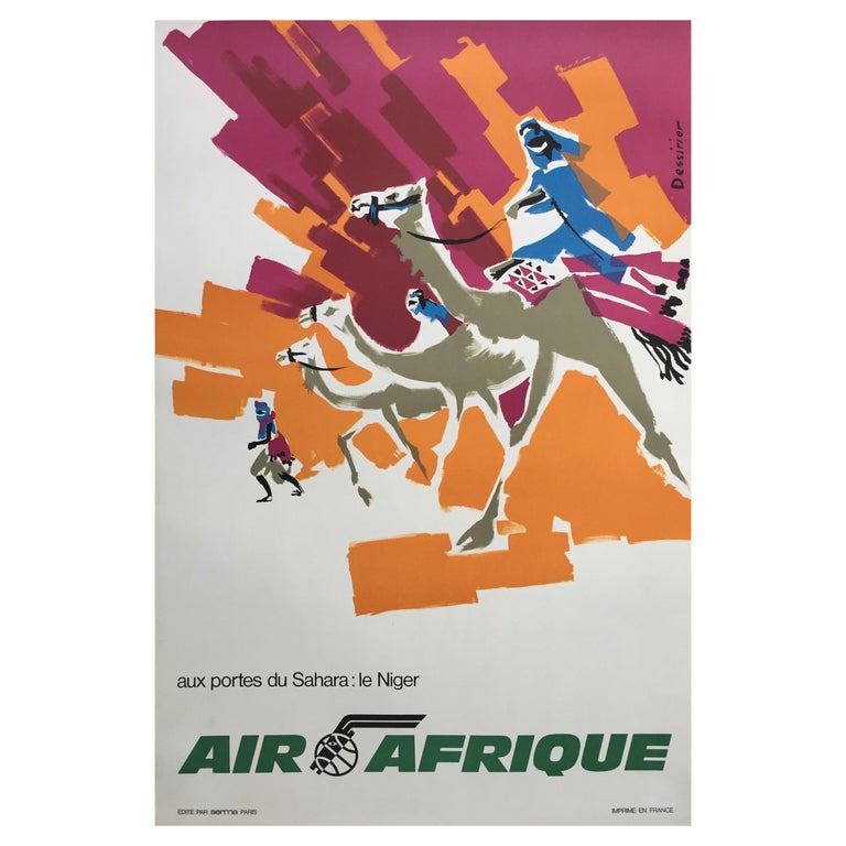 Original 1960s Vintage Travel Airline Air Afrique Poster, Jean Dessirier For Sale