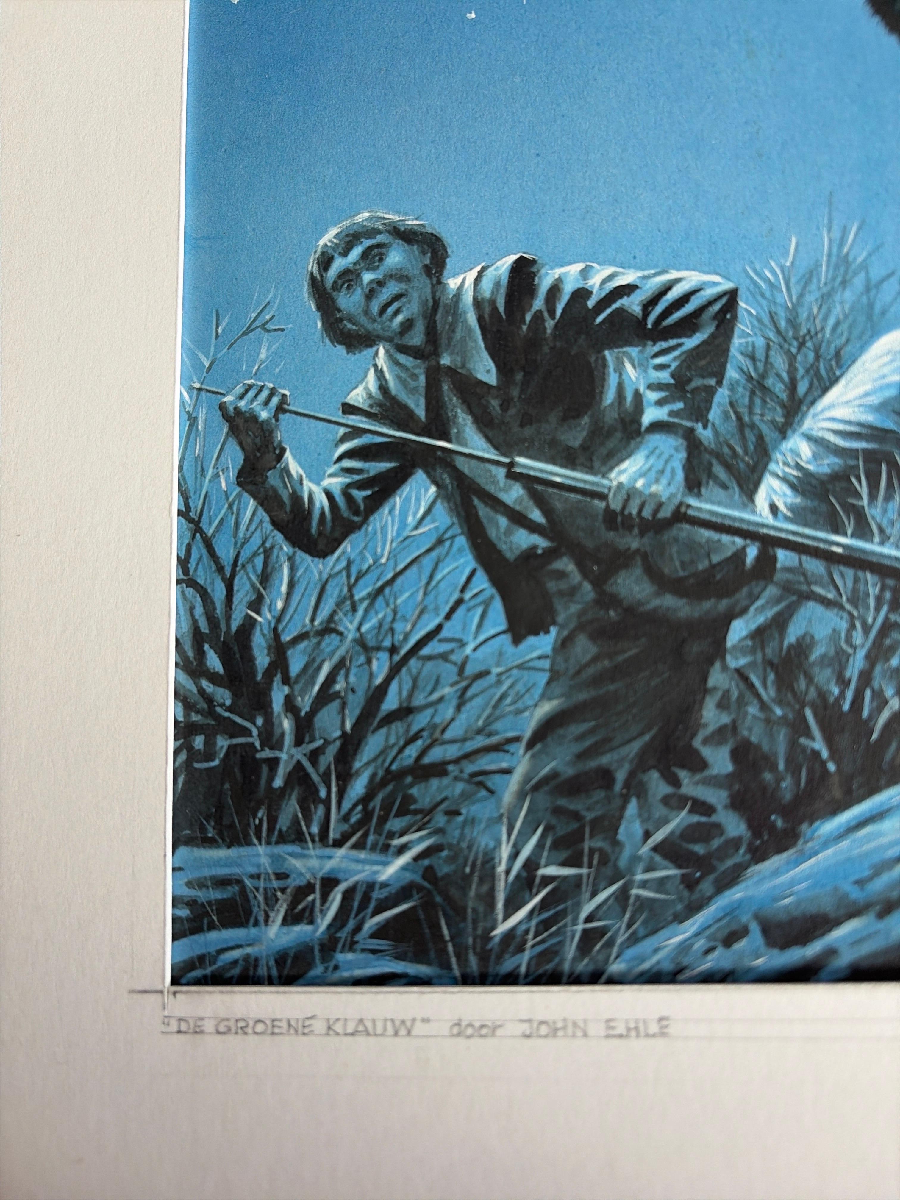 Néerlandais Gouache originale de 1964 de Charles Burki - Couverture de livre sur l'attaque dramatique d'un ours en vente