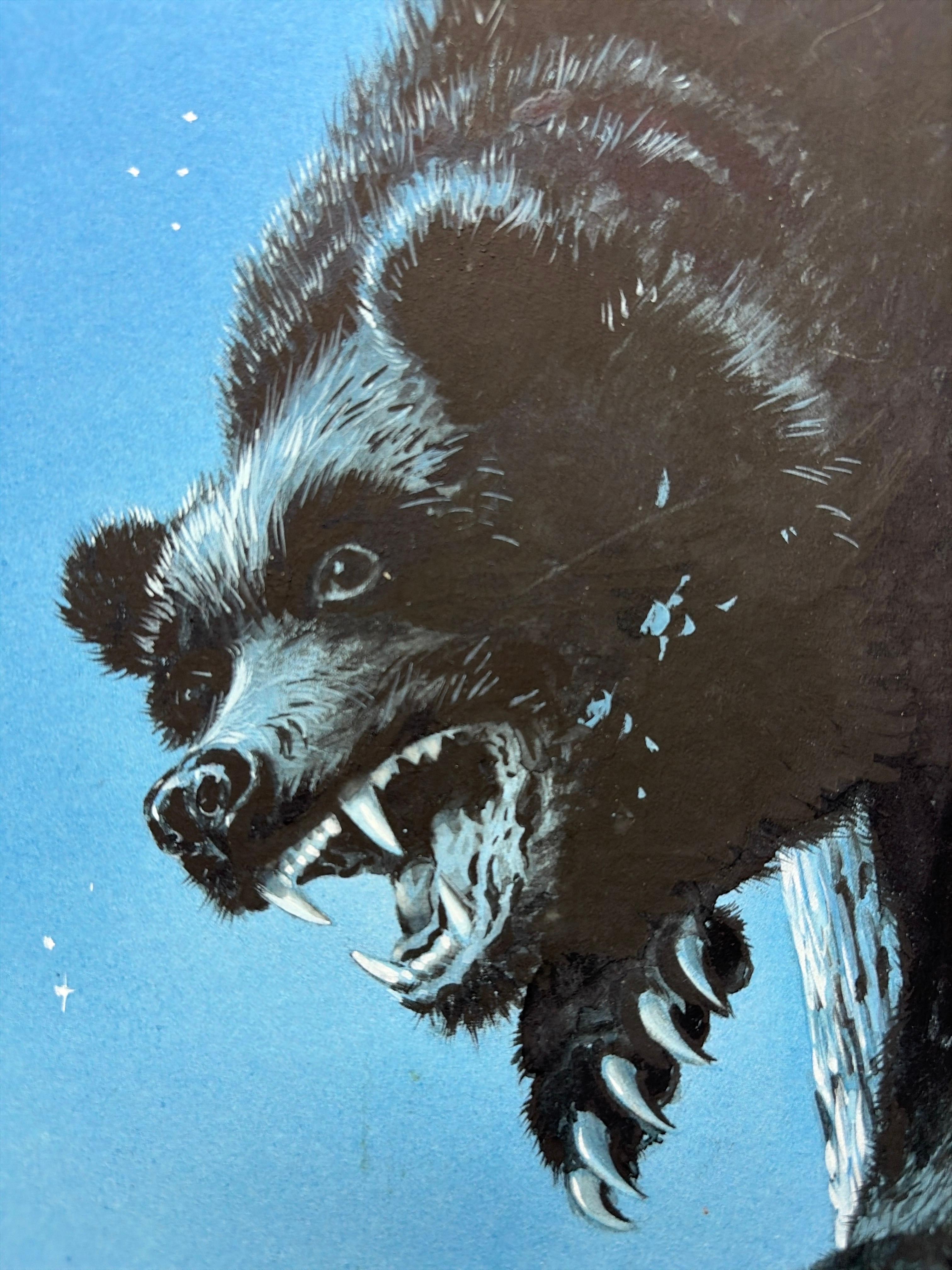 Gouache originale de 1964 de Charles Burki - Couverture de livre sur l'attaque dramatique d'un ours Bon état - En vente à Langweer, NL