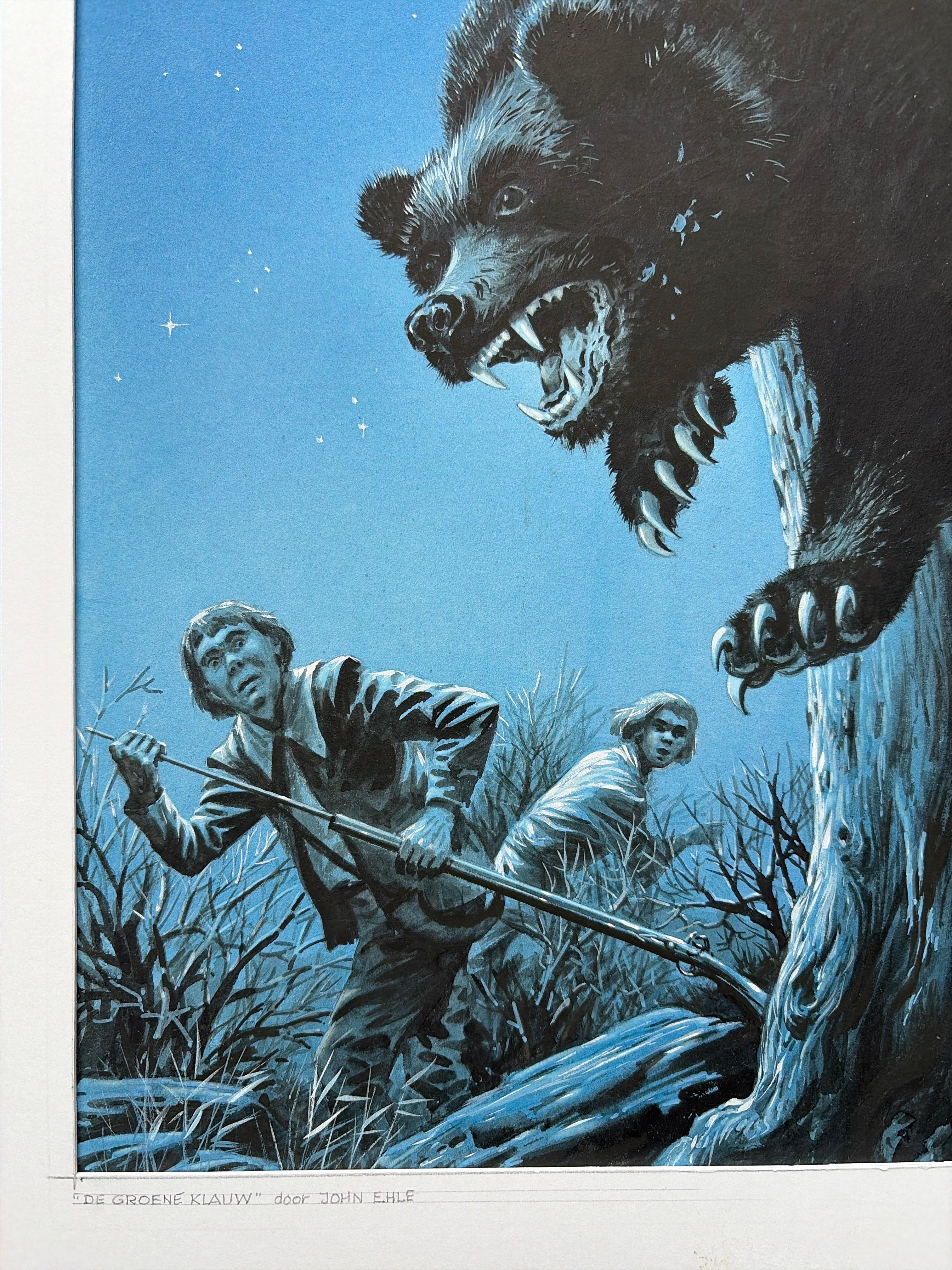 Milieu du XXe siècle Gouache originale de 1964 de Charles Burki - Couverture de livre sur l'attaque dramatique d'un ours en vente