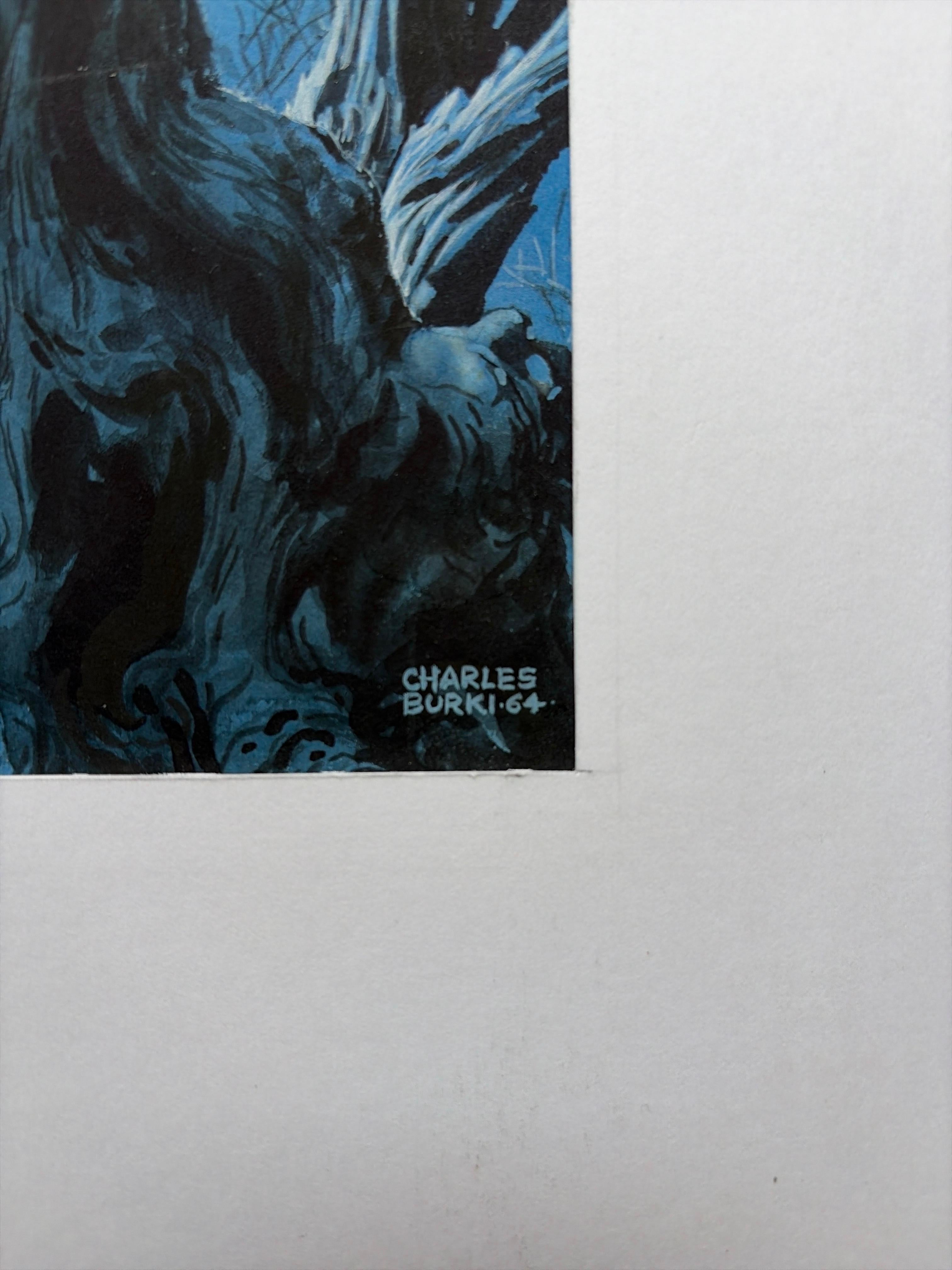 Gouache originale de 1964 de Charles Burki - Couverture de livre sur l'attaque dramatique d'un ours en vente 1