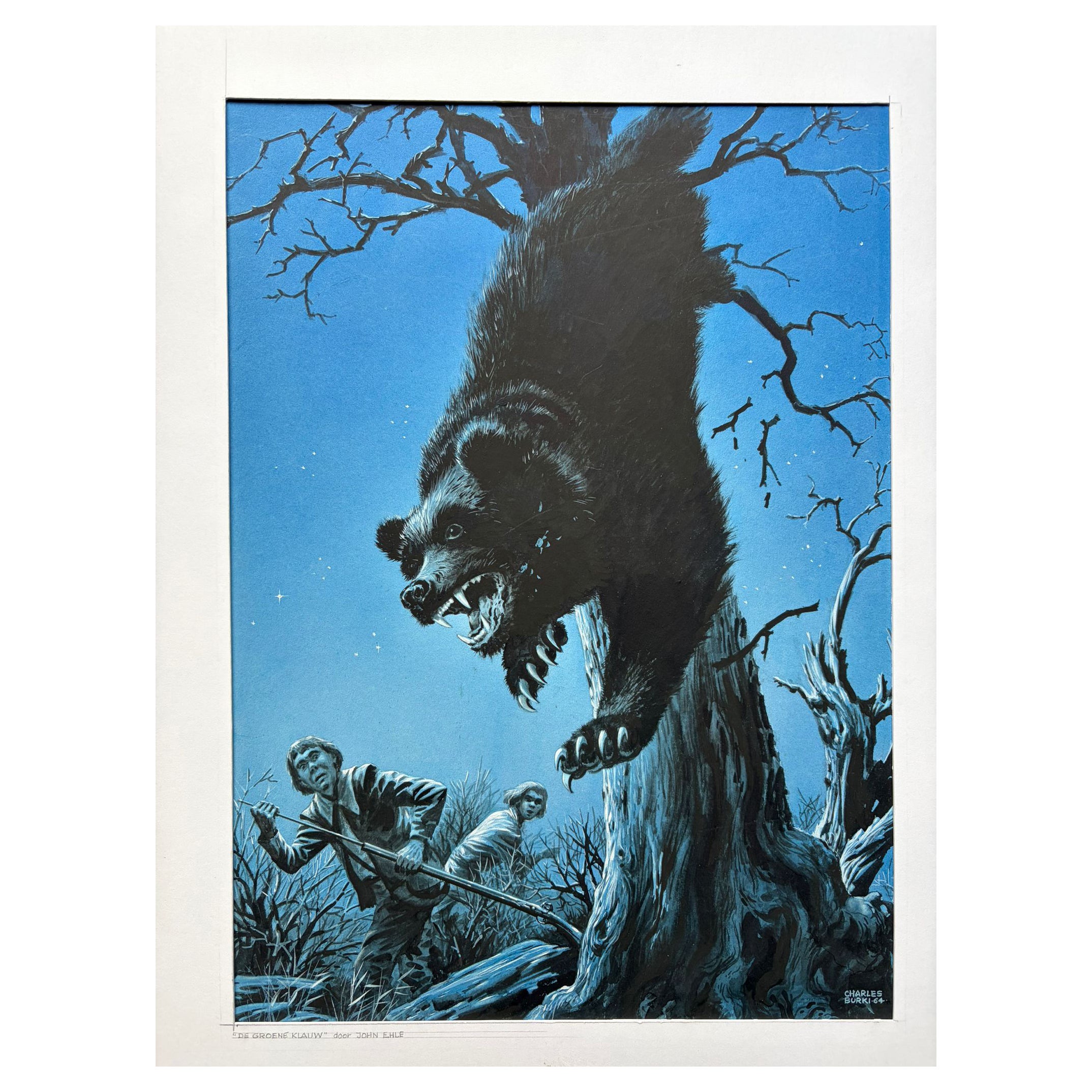 Gouache originale de 1964 de Charles Burki - Couverture de livre sur l'attaque dramatique d'un ours en vente