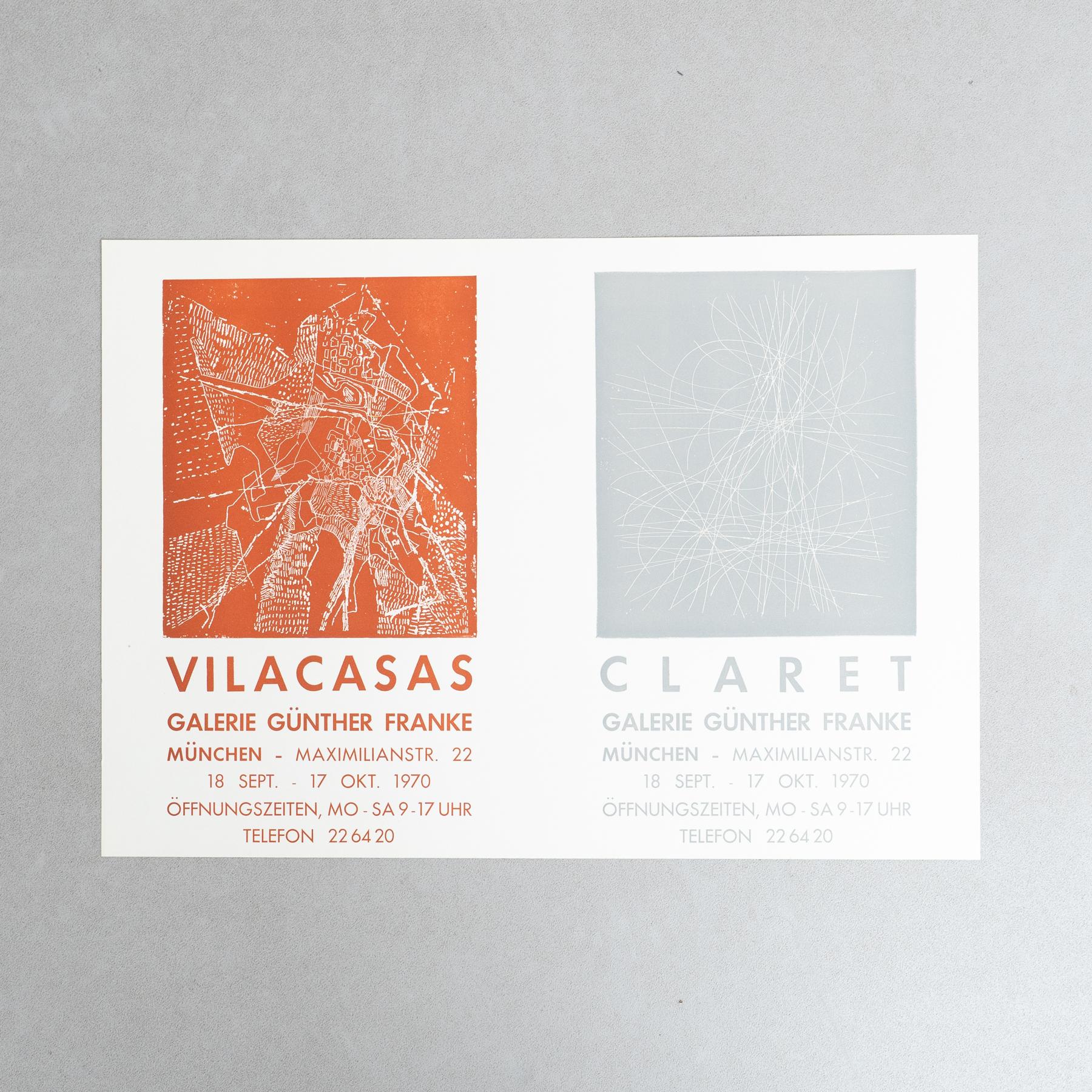 Original 1970 Exhibition Poster – Vilacasas/Claret at Galería Günther Franke

Artists: Vilacasas and Claret

Exhibition: Galería Günther Franke, 1970

Year: 1970

Dimensions: 41.5 x 59.5 cm

Condition: Good vintage condition with minor marks and