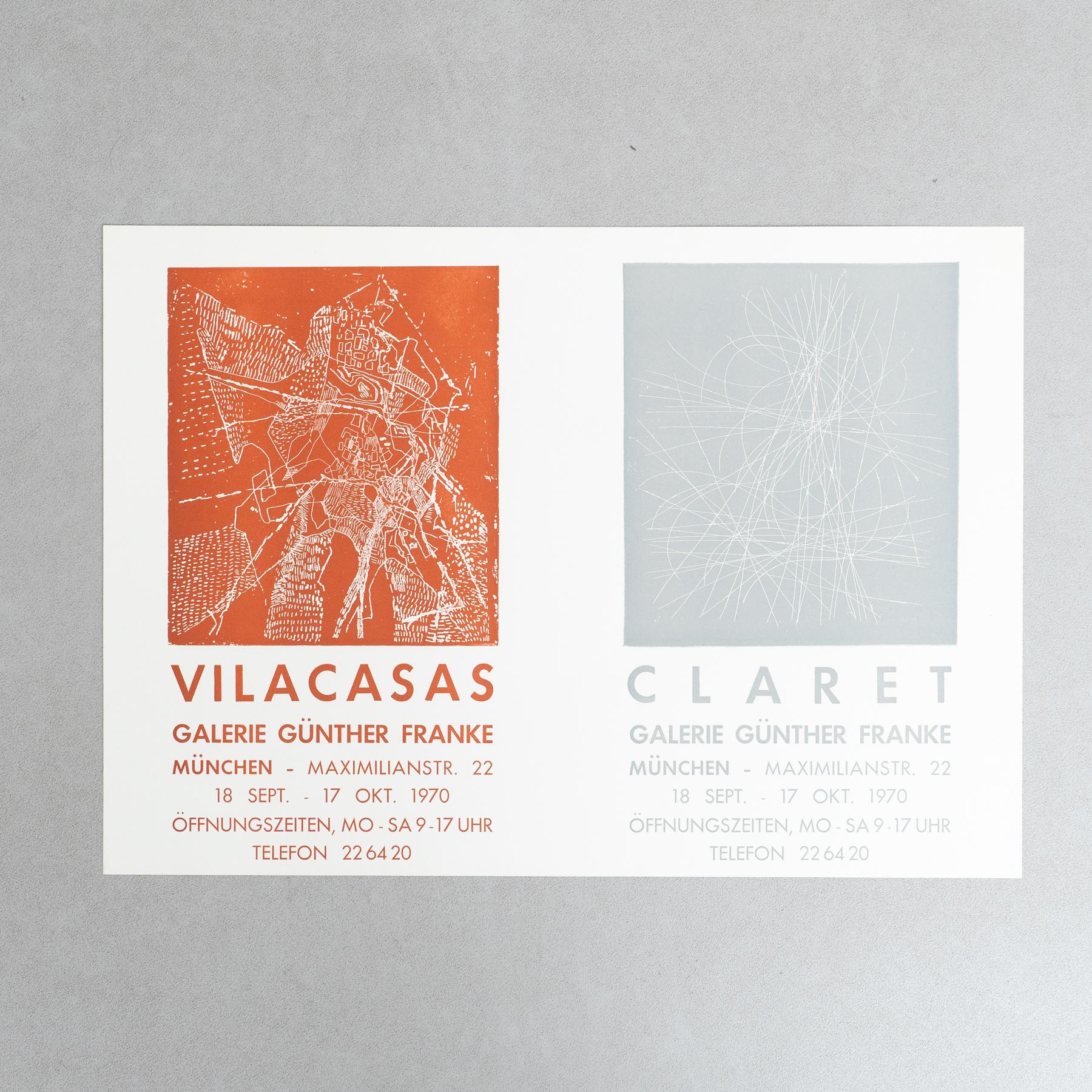 Original 1970 Ausstellungsplakat - Vilacasas/Claret bei Galería Günther Franke

Artisten: Vilacasas und Claret

Ausstellung: Galería Günther Franke, 1970

Jahr: 1970

Abmessungen: 41,5 x 59,5 cm

Zustand: Guter Vintage-Zustand mit kleinen