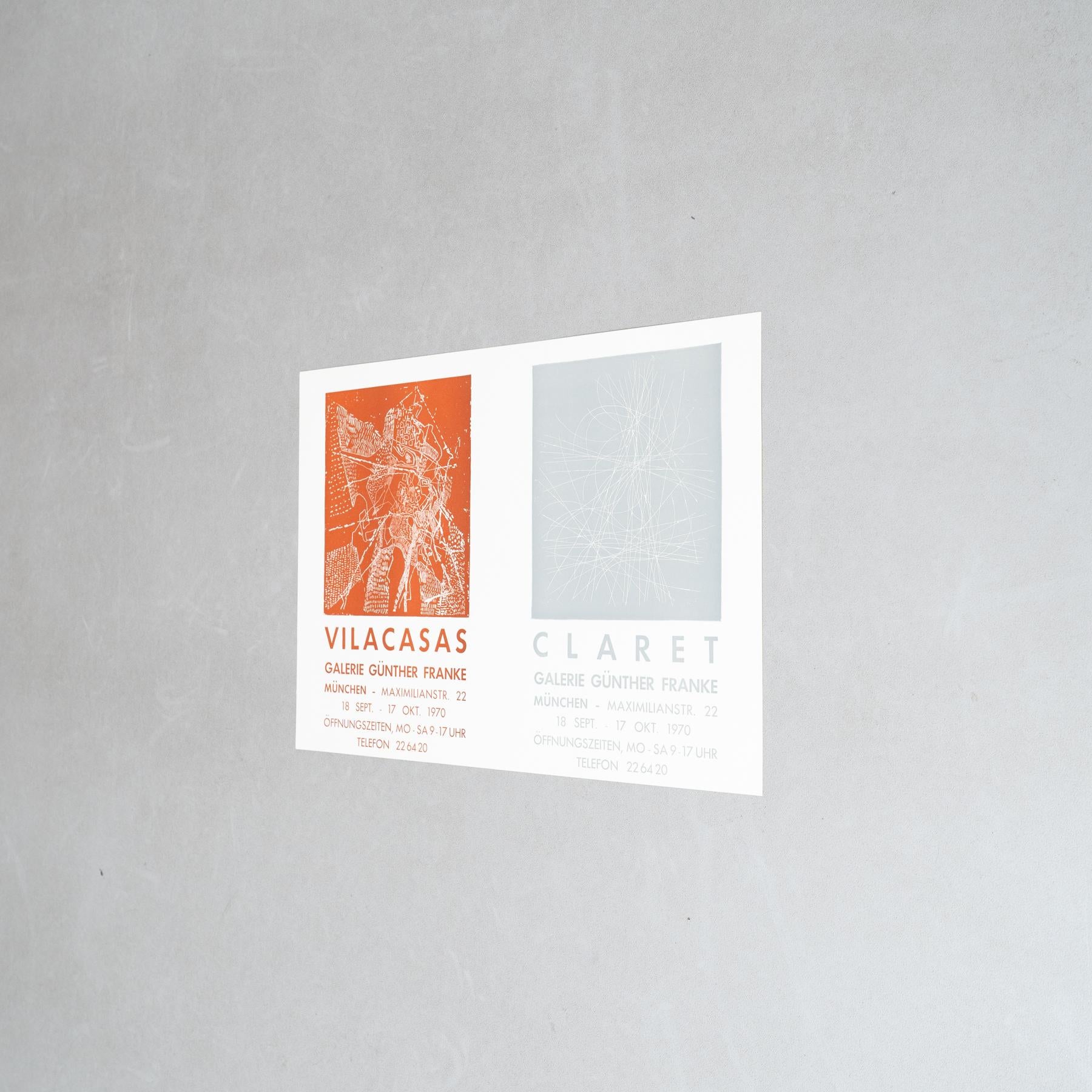 Mid-Century moderno Poster originale della mostra del 1970 - Vilacasas/Claret presso la Galería Günther Franke in vendita