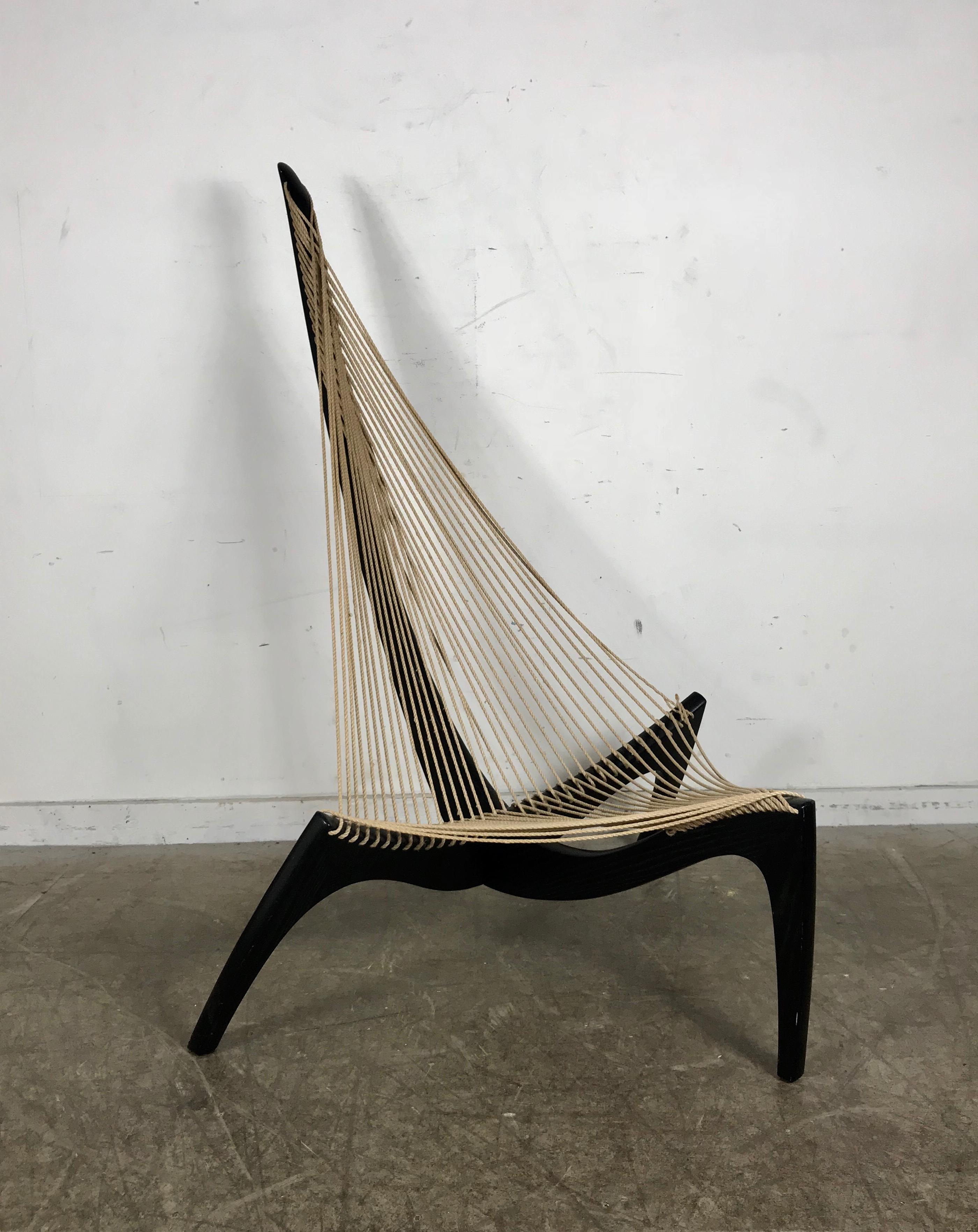 Jorgen Hovelskov harp chair form 1970. This example retains its original ebonized ash finish and retains its original rope, flag halyard. Classic Mid-Cerntury Modern, stunning design and much more comfortable then it looks, hand delivery avail to